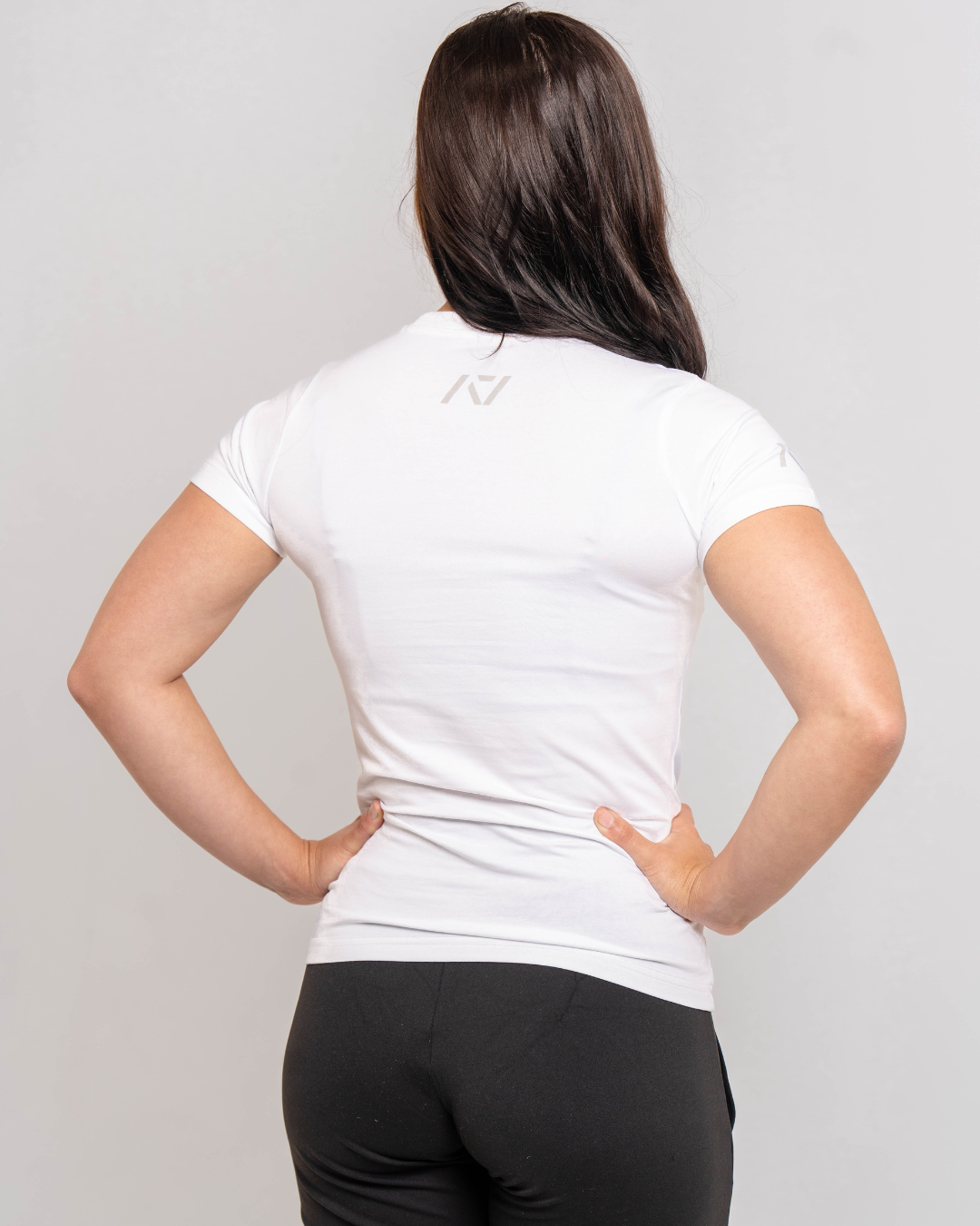 Back of Women's IPF Meet Shirt with A7 logo on the center of the upper back so it shows underneath a singlet