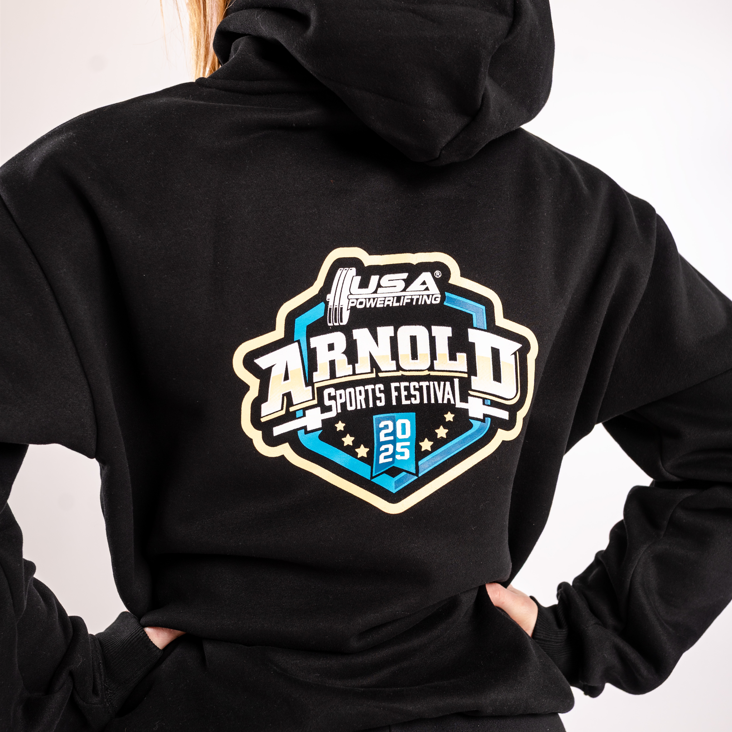 Close-up of USAPL and Arnold Festival graphic on back of limited-edition 2025 hoodie.