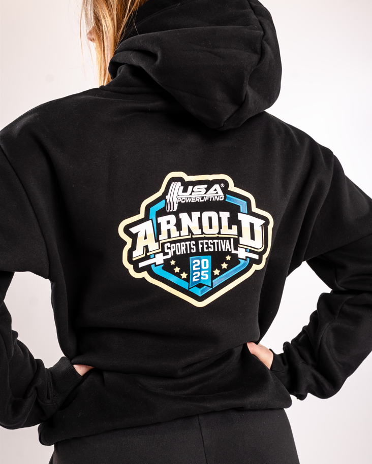 Close-up of USAPL and Arnold Festival graphic on back of limited-edition 2025 hoodie.