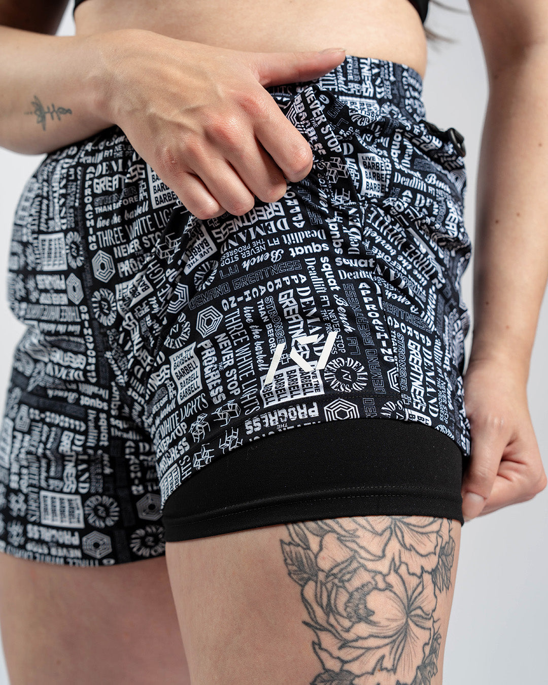 Showing the liner underneath the top layer of the 360Go 1Z KWD Shorts - Affirmation.