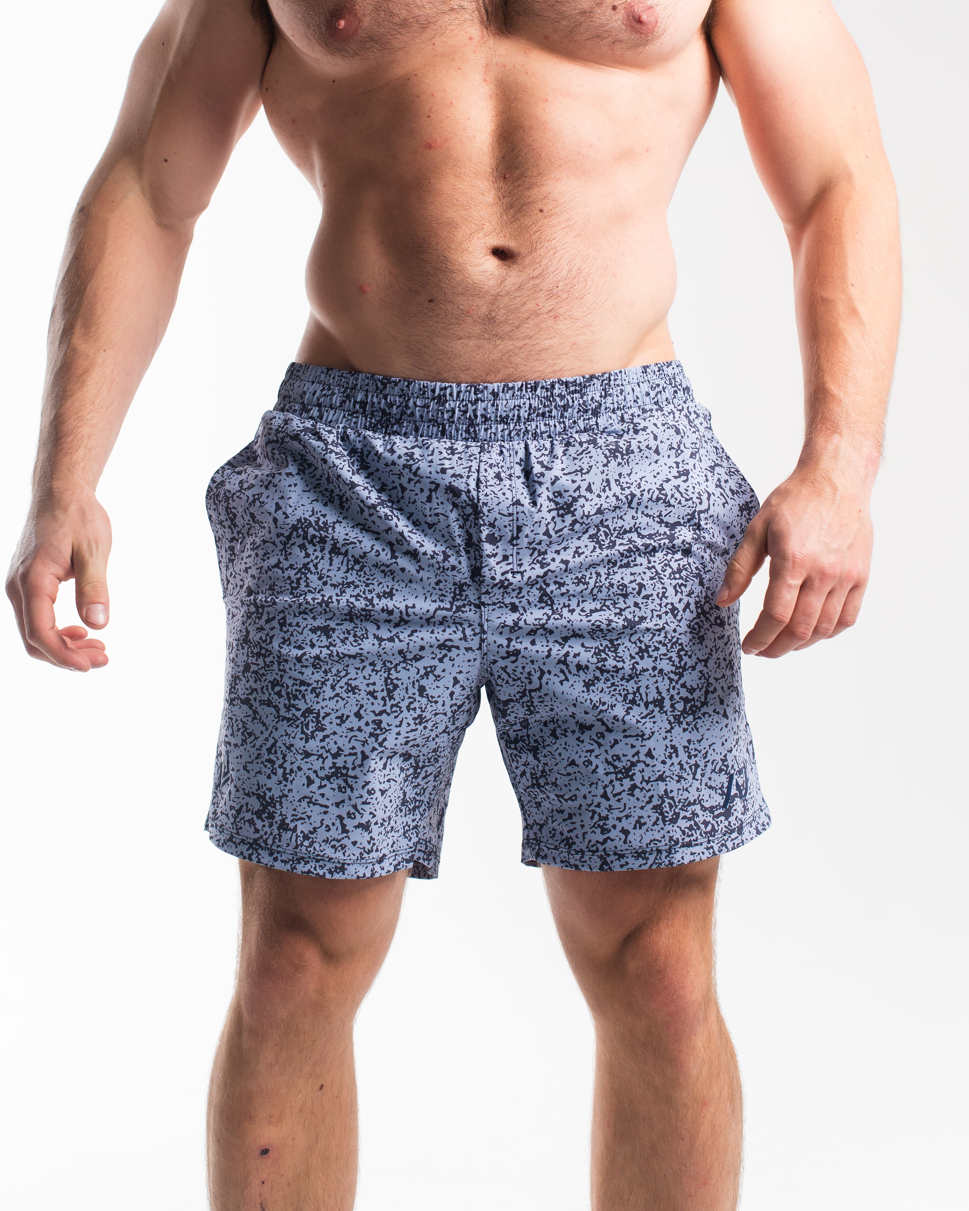 Front view of A7 360Go 1Z Shorts in Foggy Navy showing performance fit, built-in liner, and wide waistband.