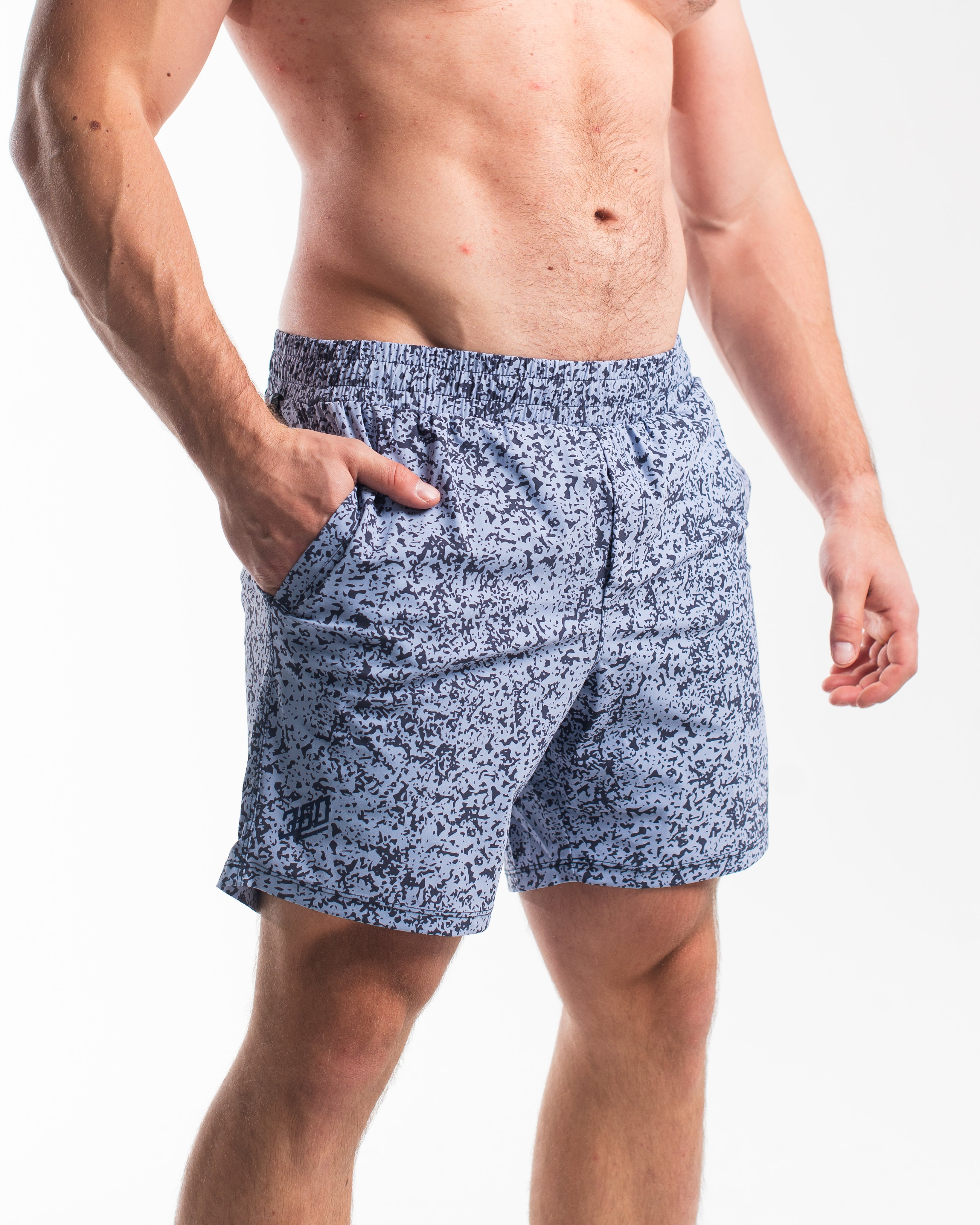 Side profile of Foggy Navy 360Go 1Z Shorts with flexible fit and drawstring waistband for training comfort.