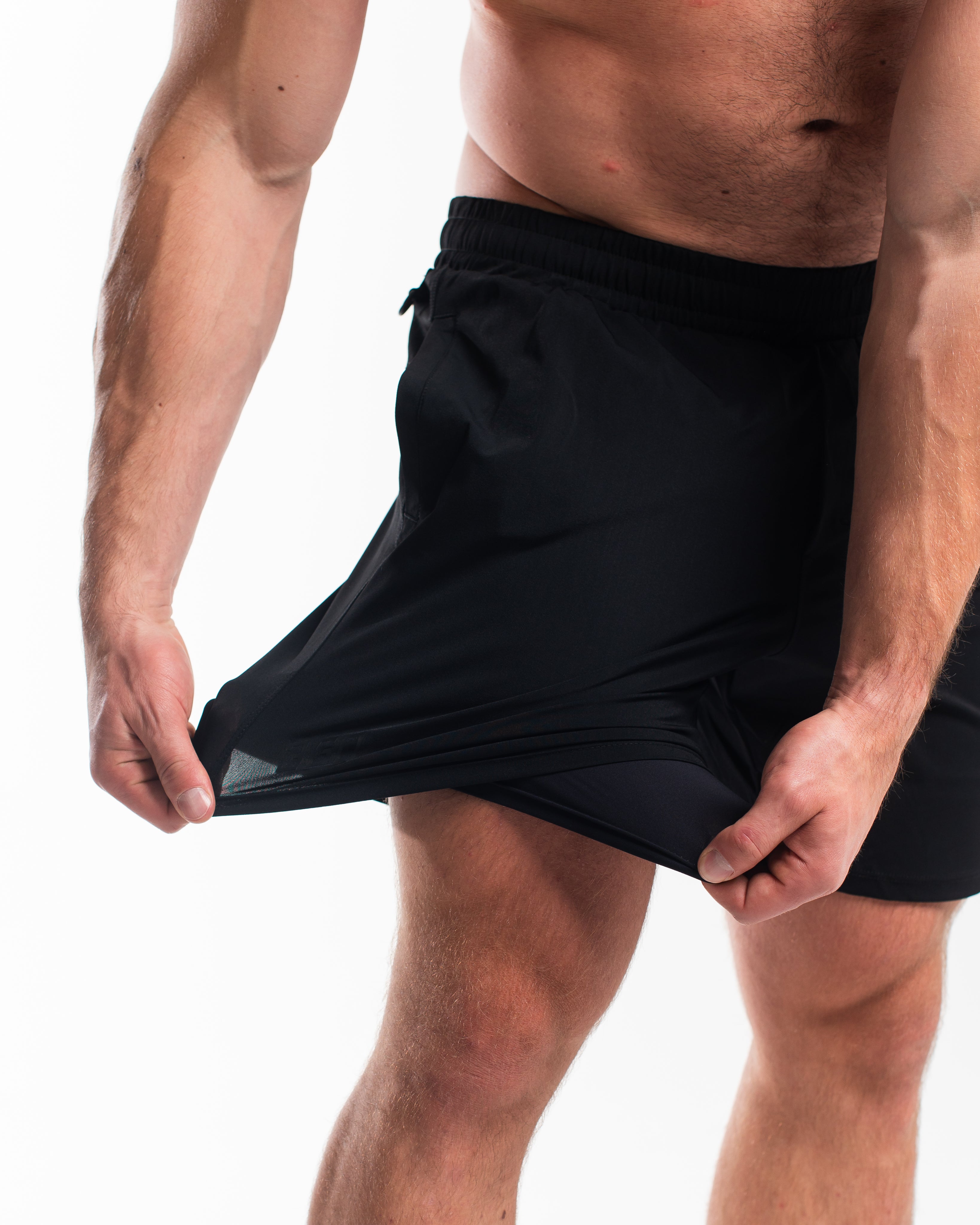 Close-up of 360° stretch fabric and flexible built-in liner in A7 Stealth Shorts for unrestricted movement and comfort.