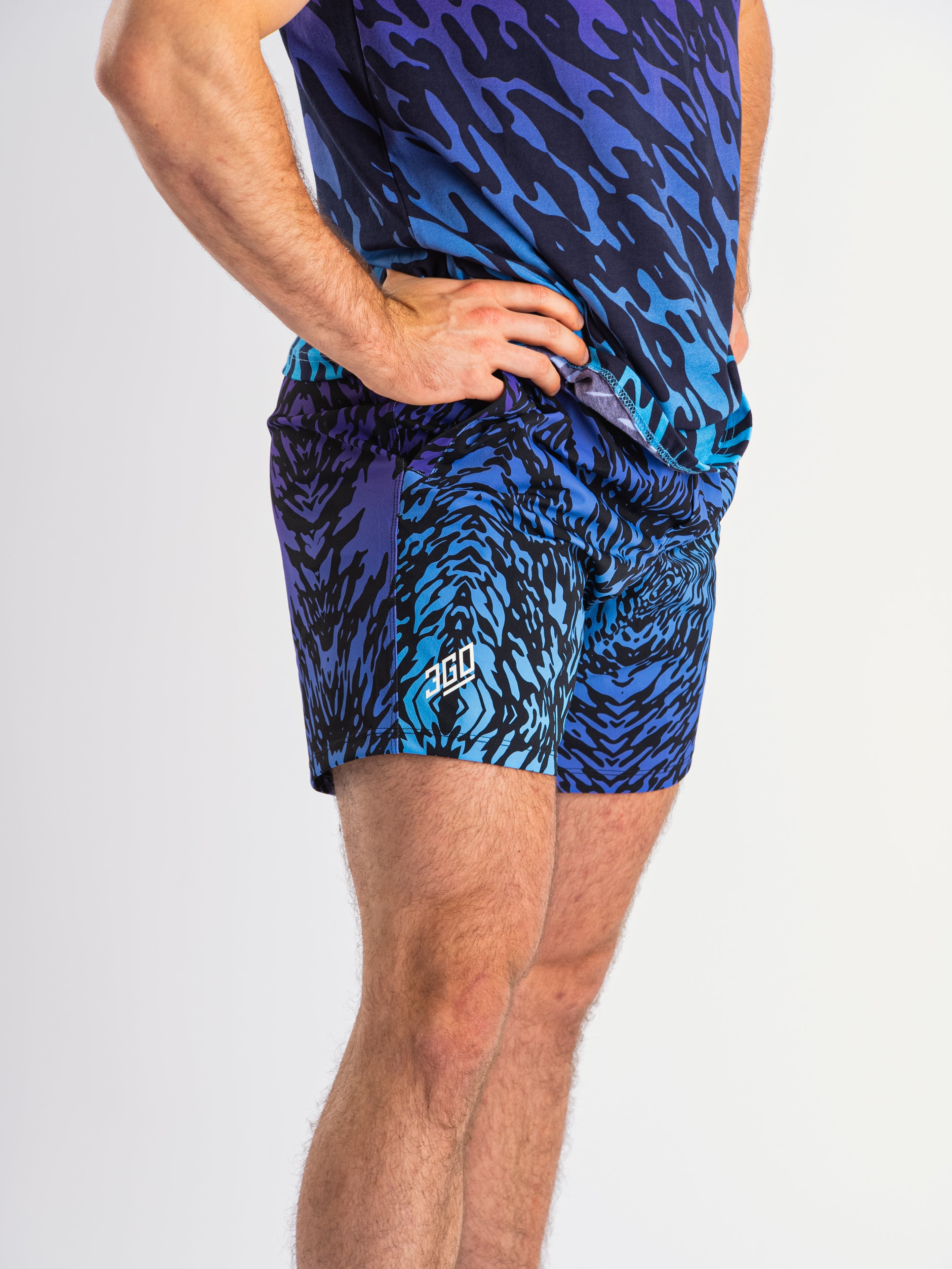 Side profile of Violet Tiger 360Go Shorts highlighting stretch fit, drawstring waistband, and mobility.