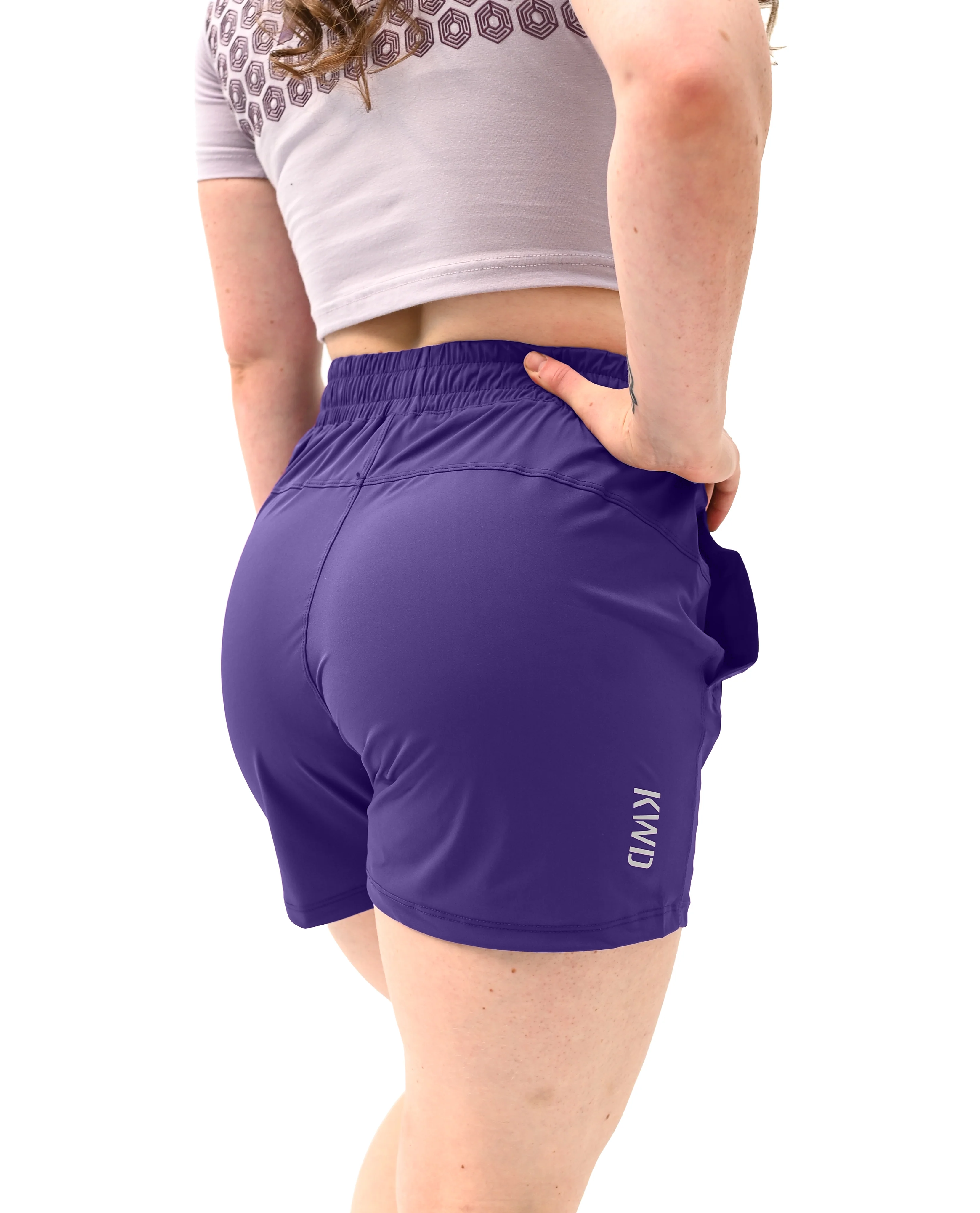 Rear view of A7 360Go KWD Shorts in Purple with loop-through ripstop pockets and streamlined training fit.