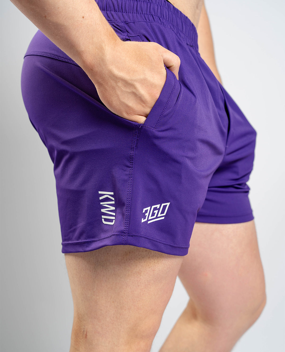 Matte silicone A7 logos on Purple 360Go Shorts for subtle, durable branding.