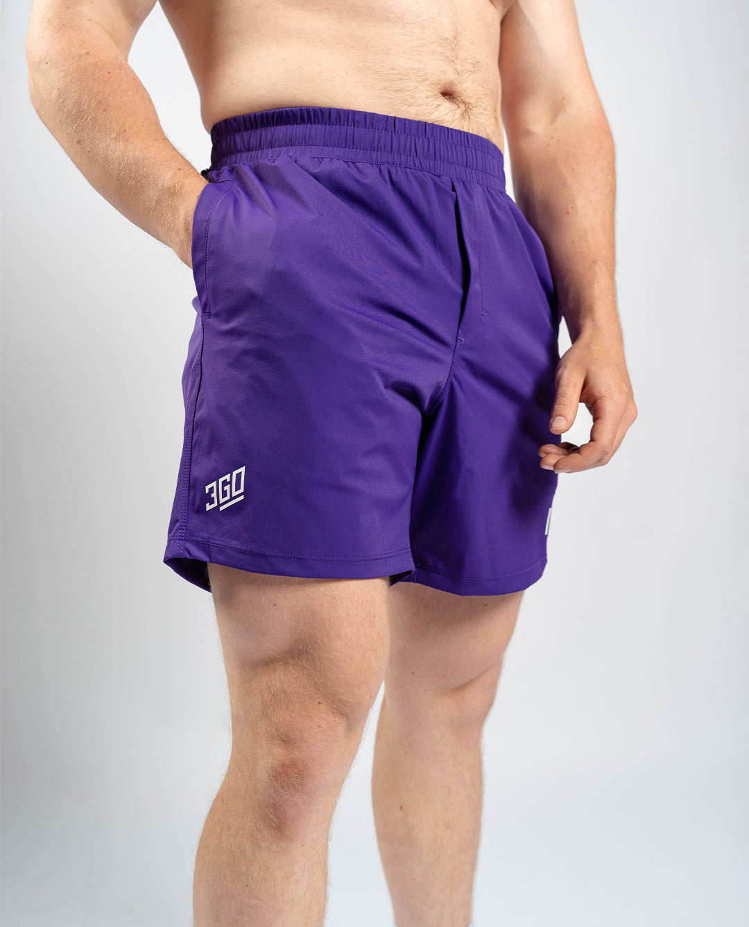 Front view of A7 360Go Shorts in Purple, Regular inseam, featuring bold color, wide waistband, and clean athletic fit.