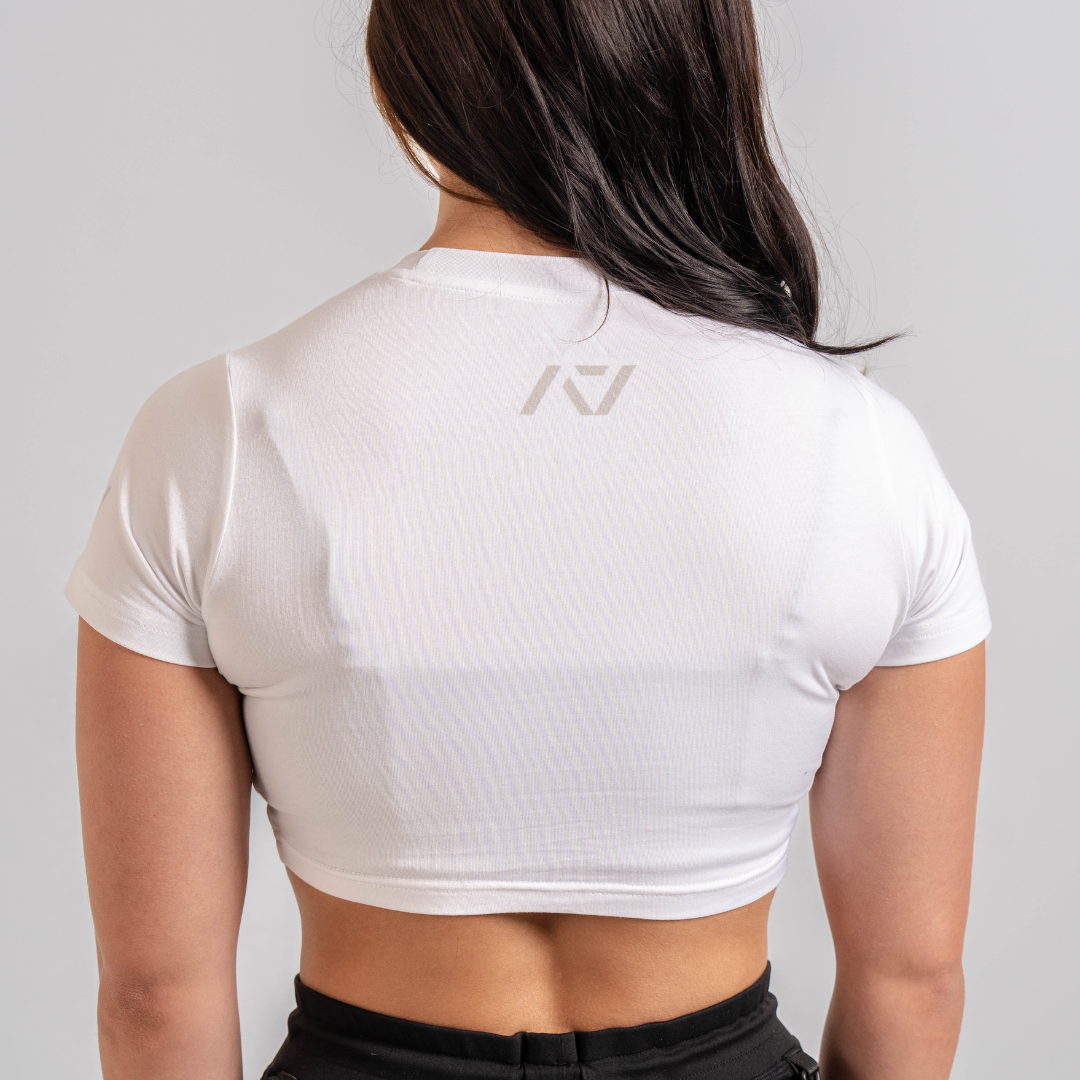 Back of the A7 Polar Meet Crop with A7 logo on the top of the upper back to be seen underneath singlet.