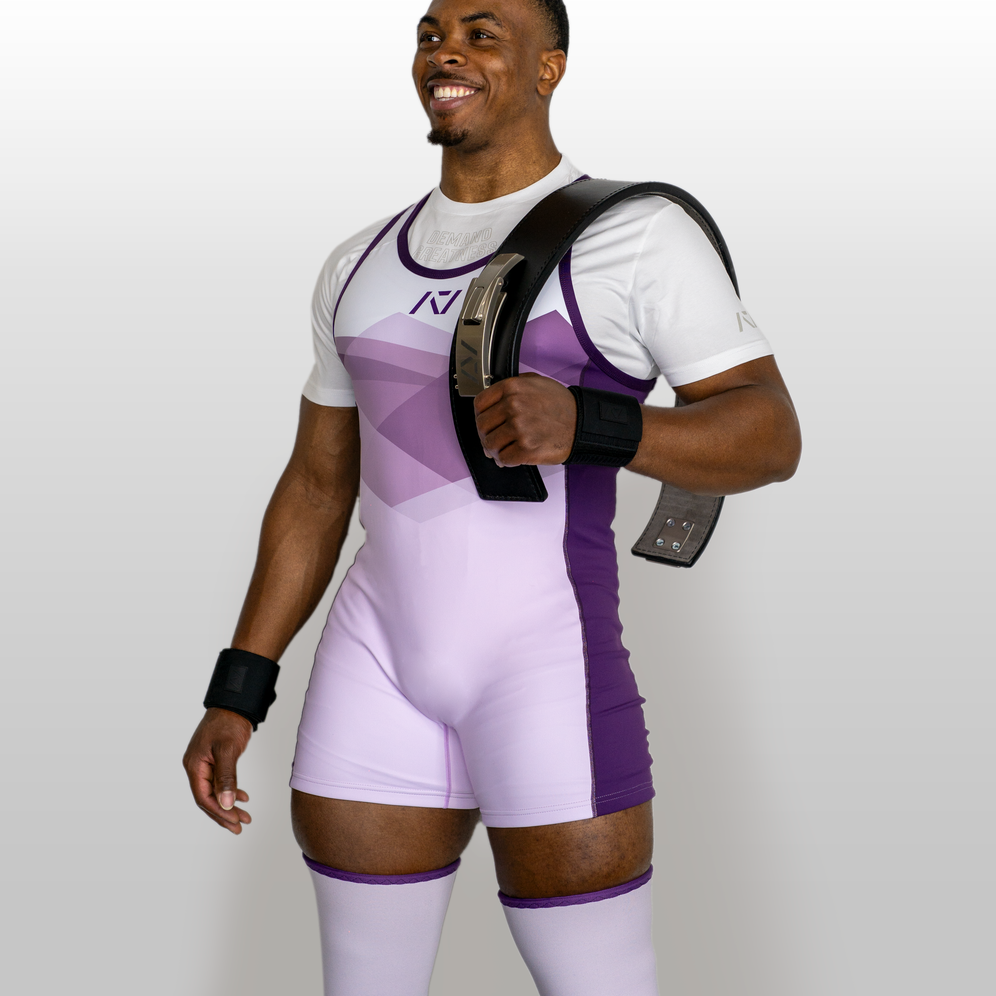 Front shot of Rausch Singlet - Lavender & Hourglass Knee Sleeves Lavender on male model.