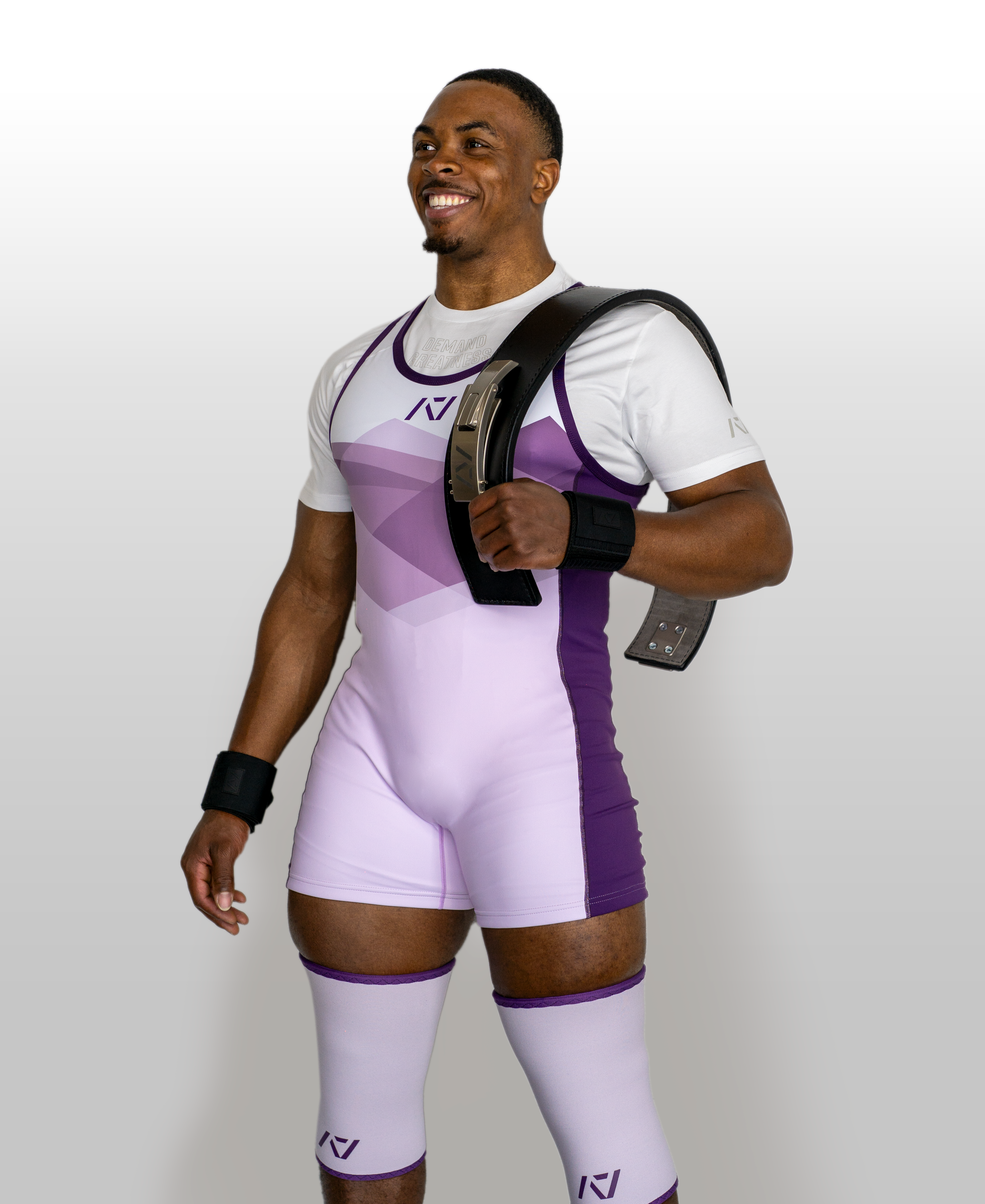Front shot of Rausch Singlet - Lavender & Hourglass Knee Sleeves Lavender on male model.