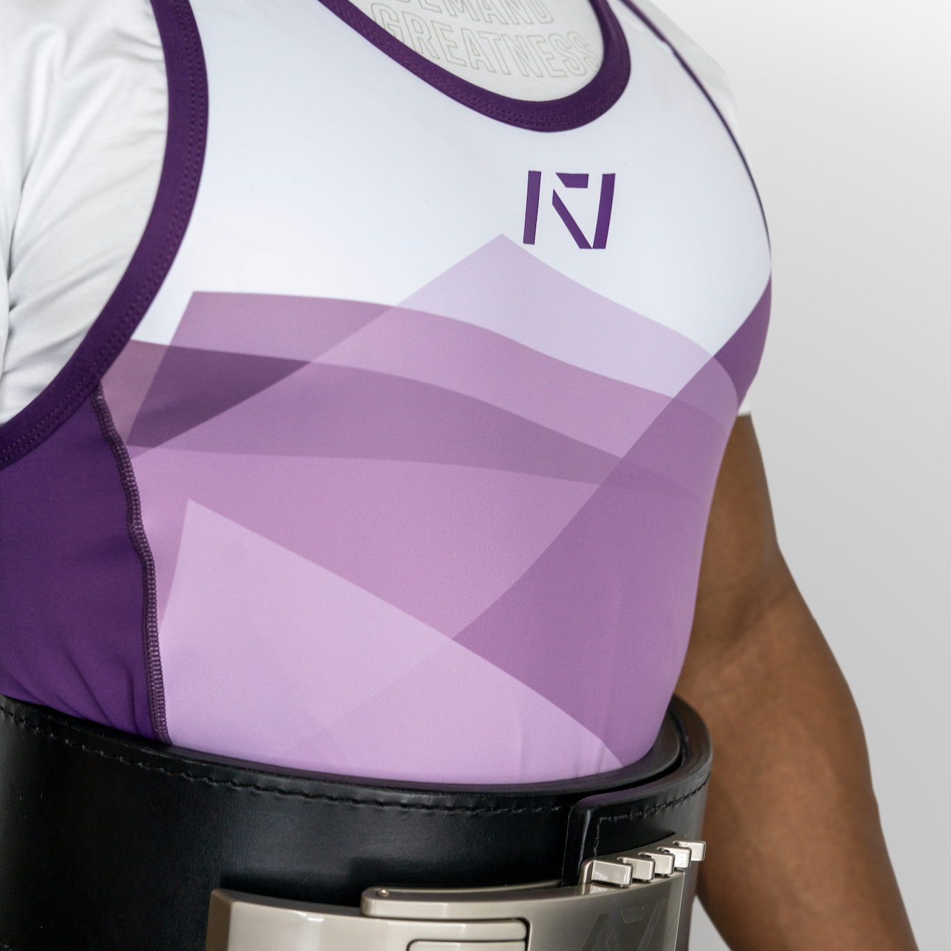 Close up of side of rausch men's lavender singlet.
