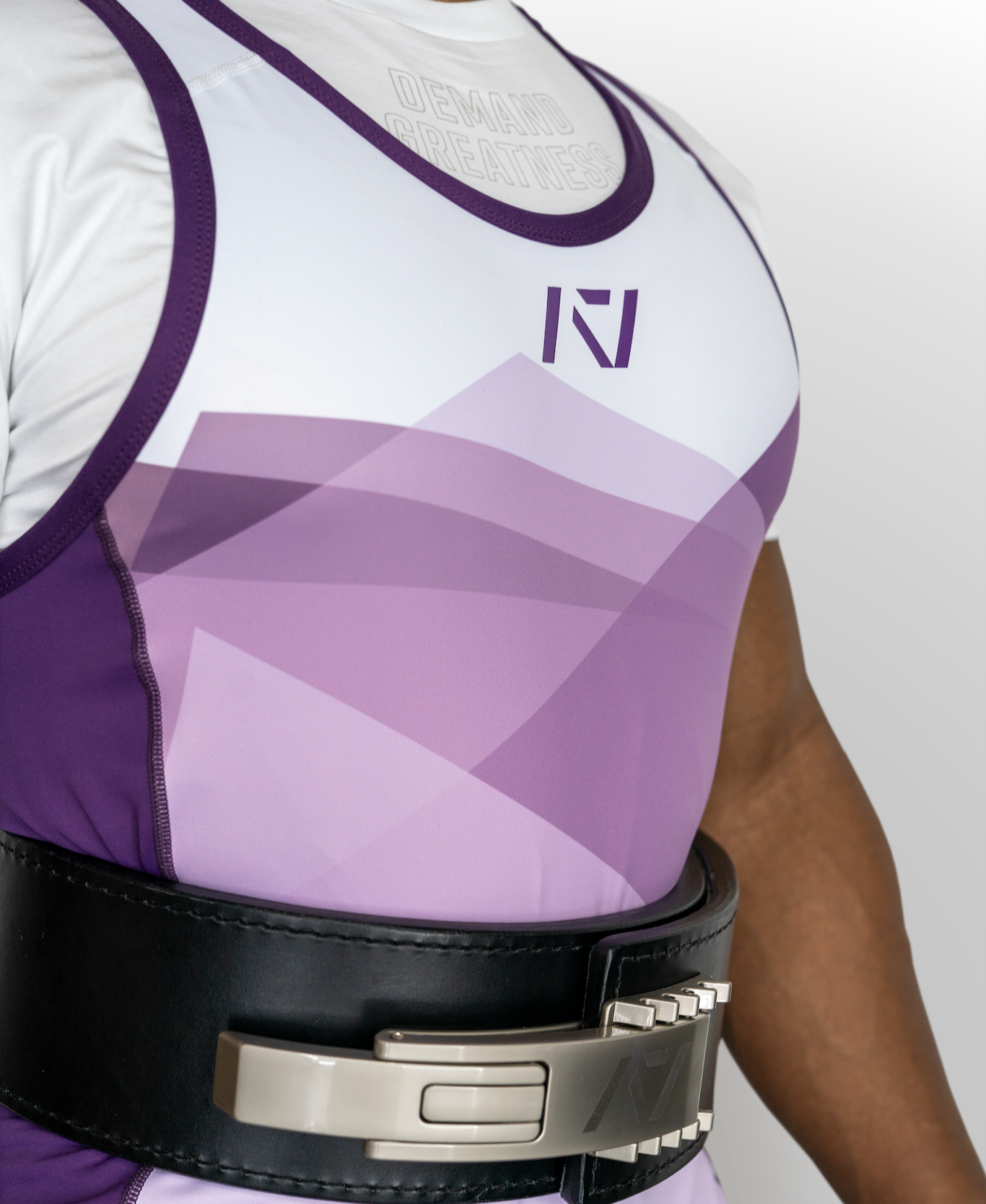 Close up of side of rausch men's lavender singlet.
