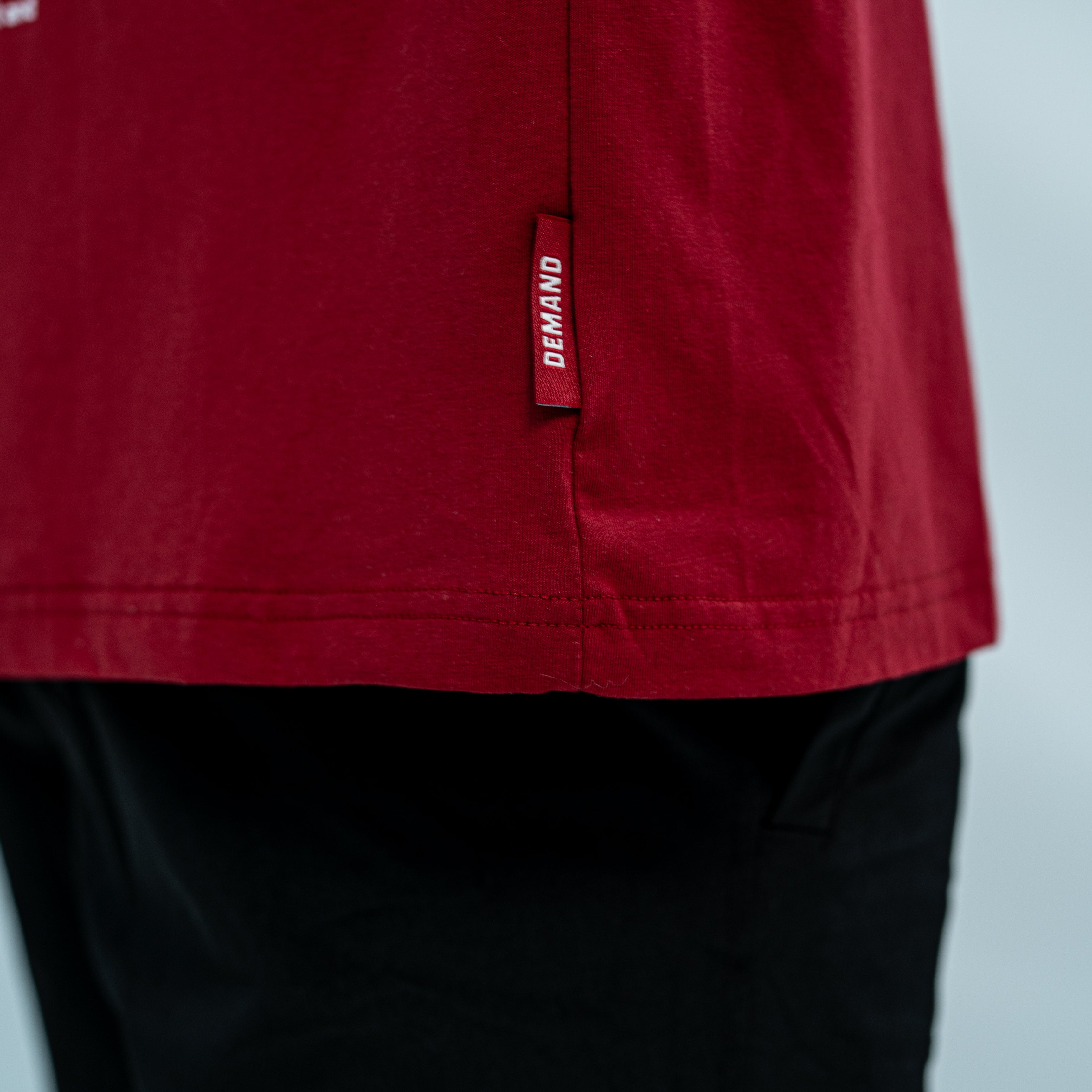 Red Over-fit Unisex shirt with a brand hem tag and featured with black 360Go KWD shorts with branding on a light gray background