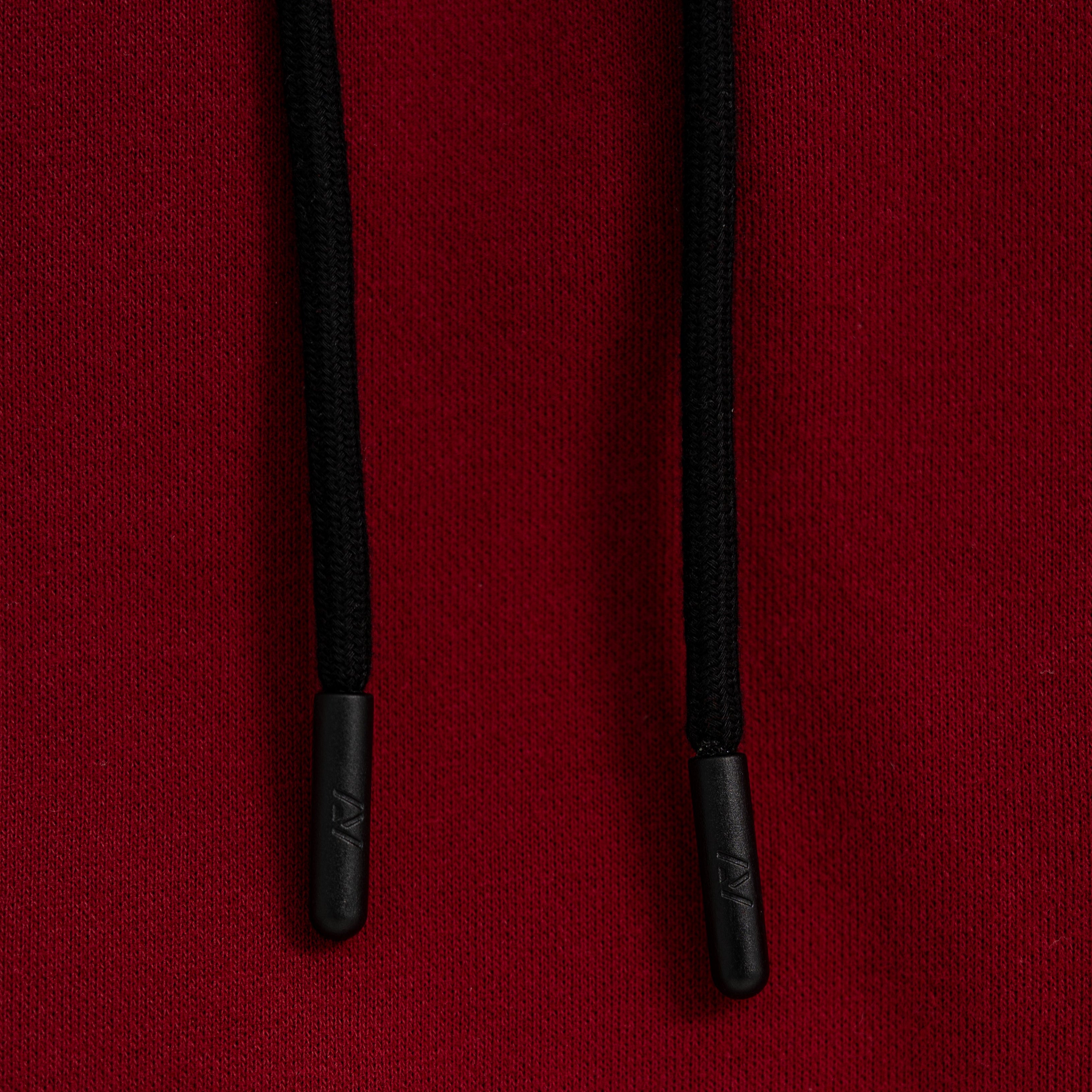 Black drawstrings with black aglets on a red bar grip Hoodie