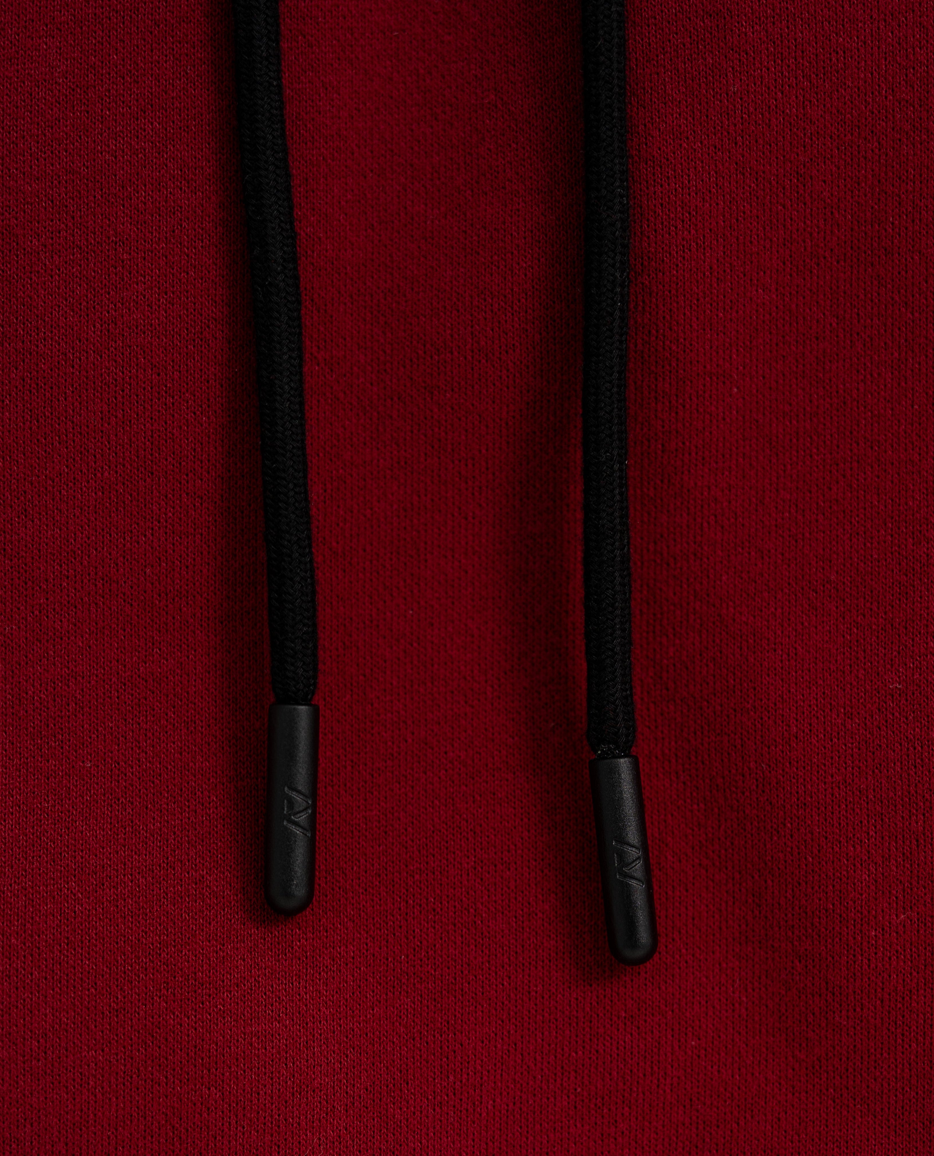 Black drawstrings with black aglets on a red bar grip Hoodie