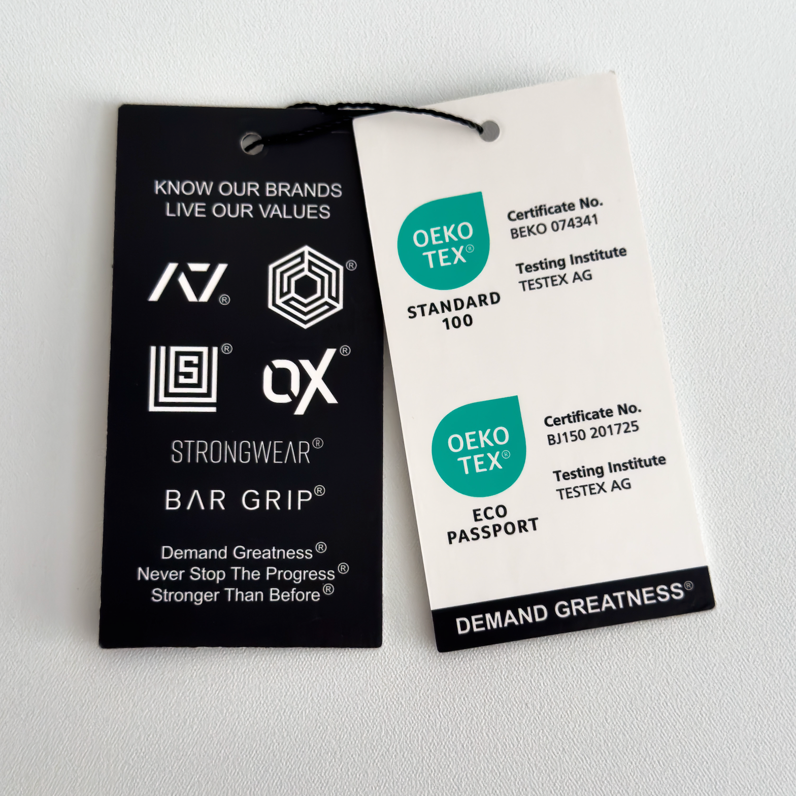 Two labels on a light gray background