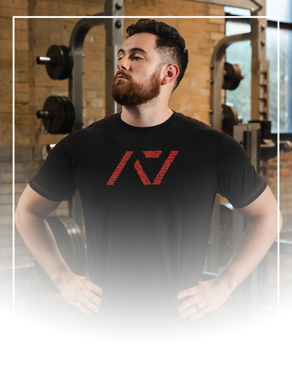 Men's shirt in red and black with model posed in a gym
