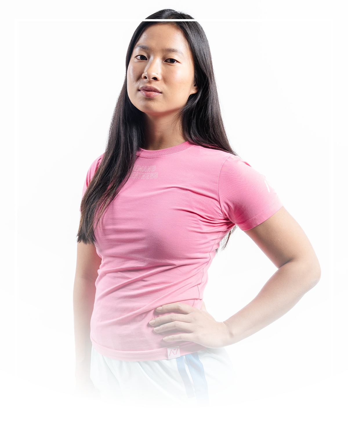 Female in Roseite Meet Shirt with white background