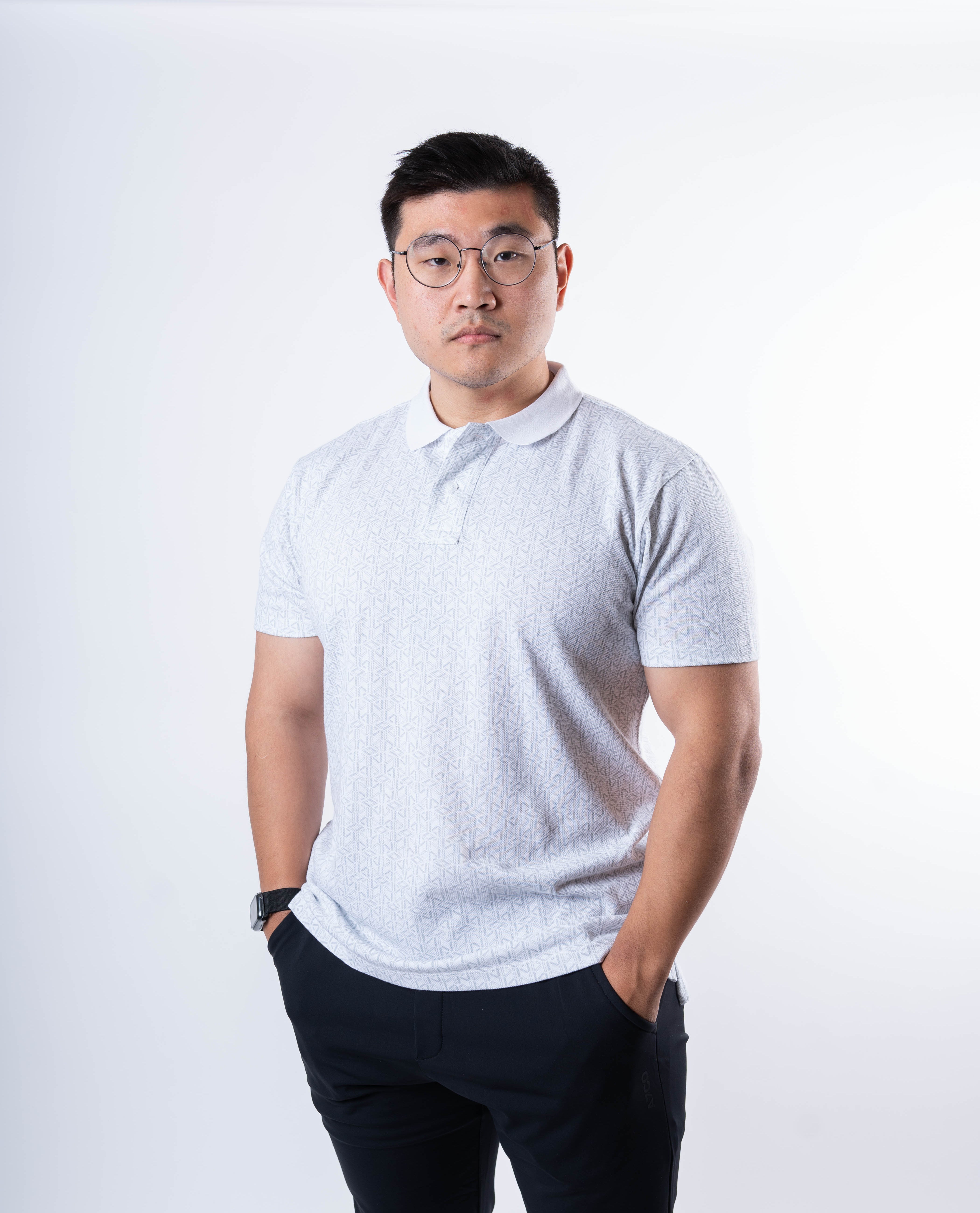 Front view of A7 Cotton Polo in Stelacrosha Gray, showcasing athletic fit and unique pattern.