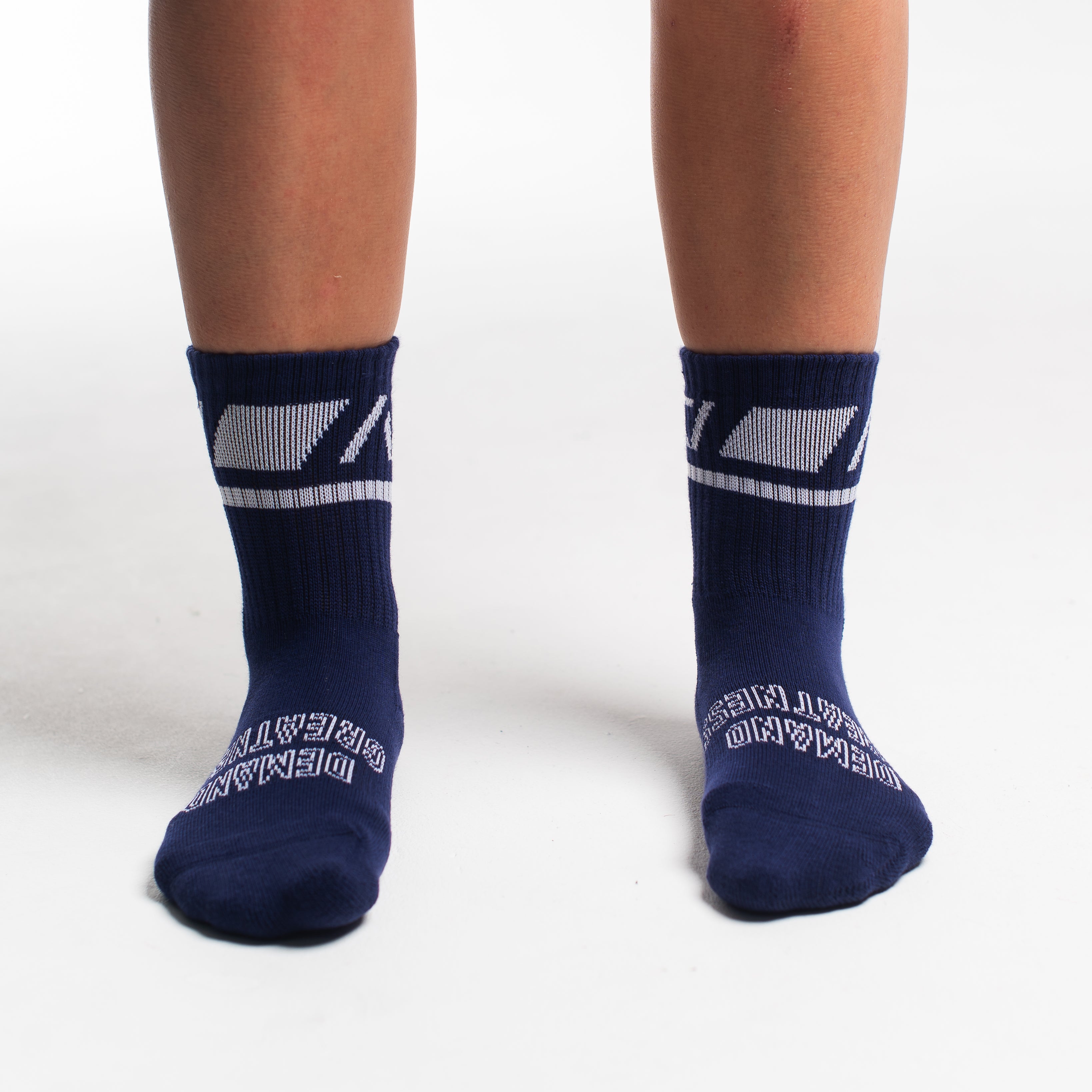 Front view of A7 Crew Socks in Night Light, showcasing mid-shin length and ribbed cuff design.