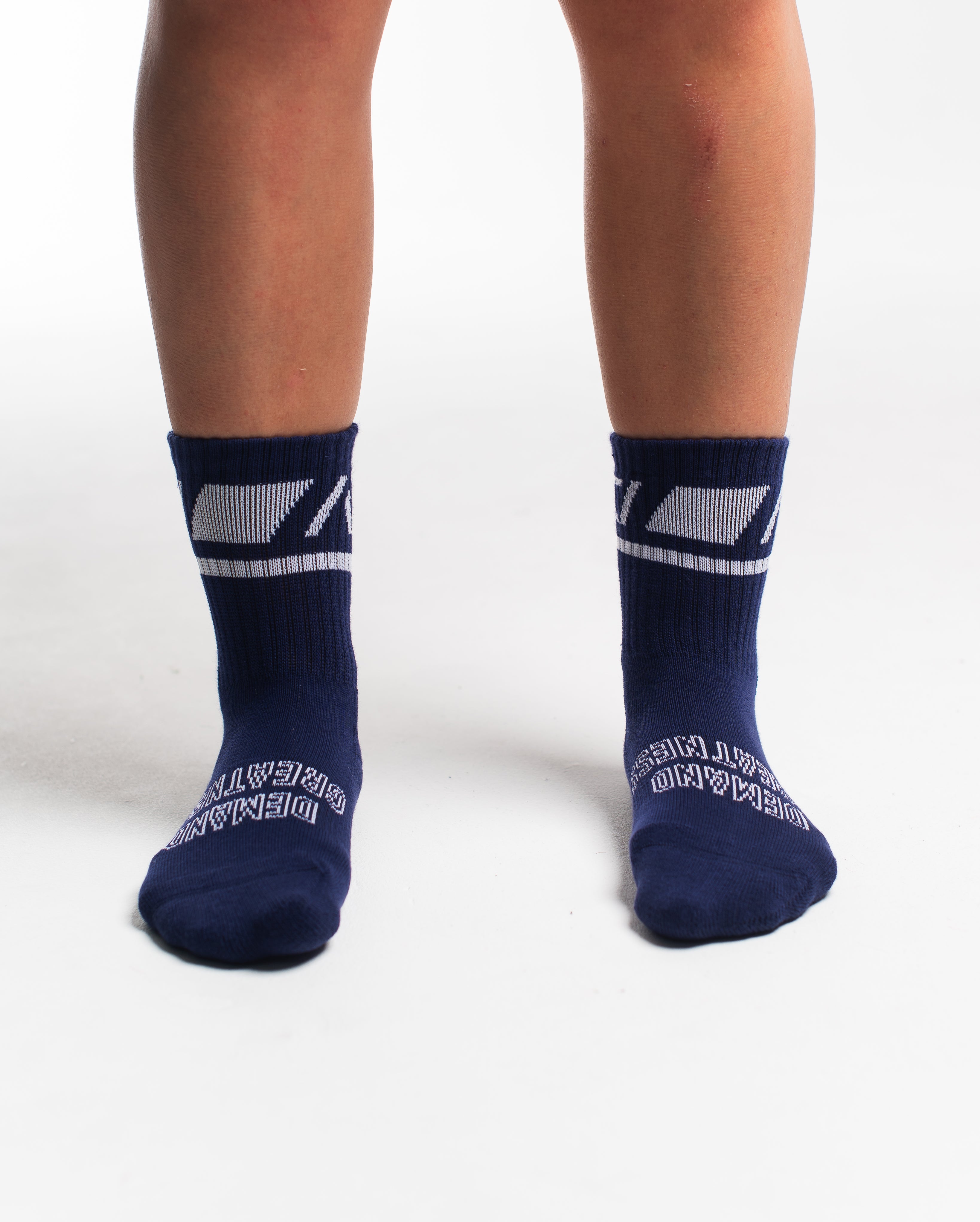 Front view of A7 Crew Socks in Night Light, showcasing mid-shin length and ribbed cuff design.
