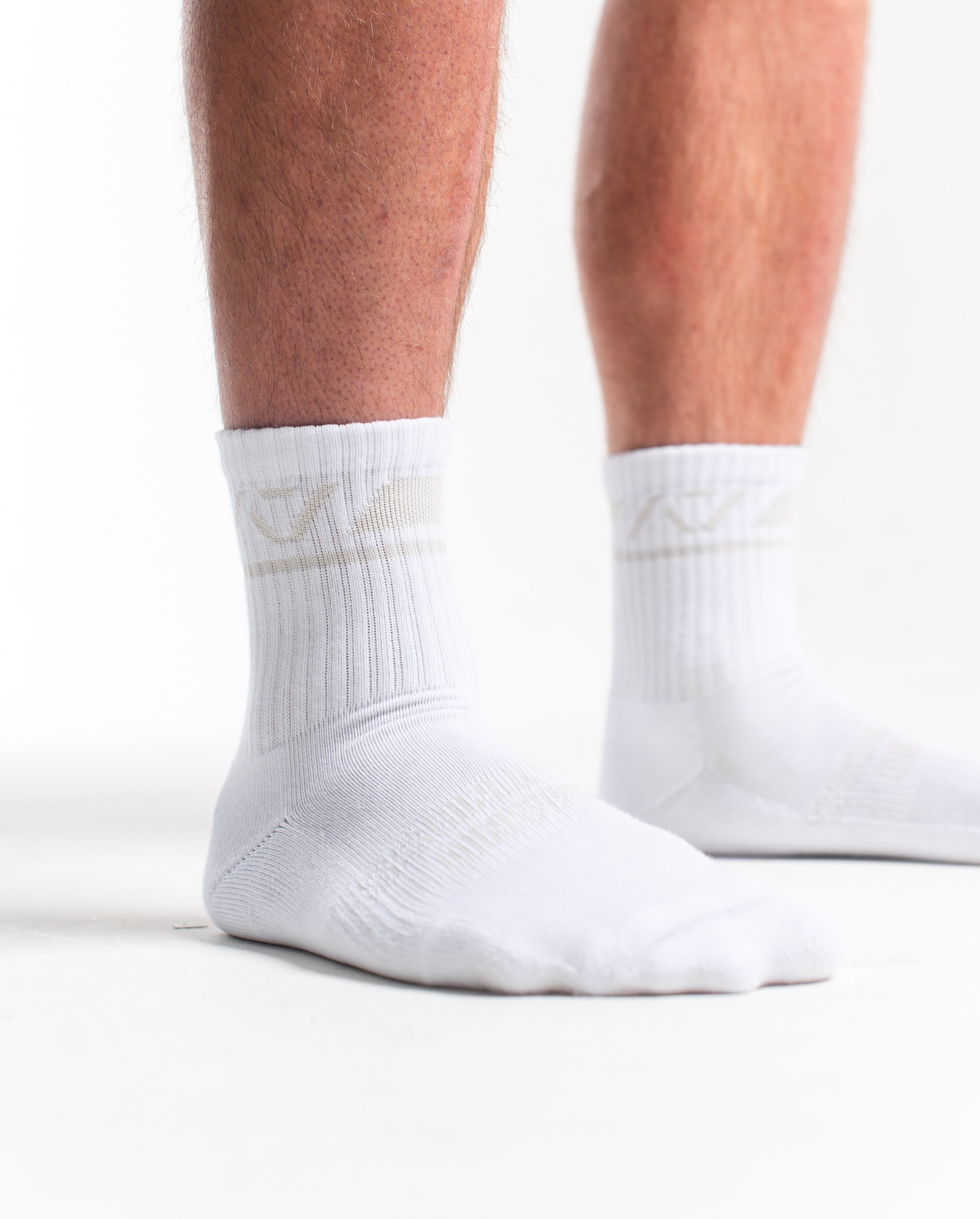 Close-up of the knit fabric on A7 Crew Socks in Polar, showing texture and stitching details.