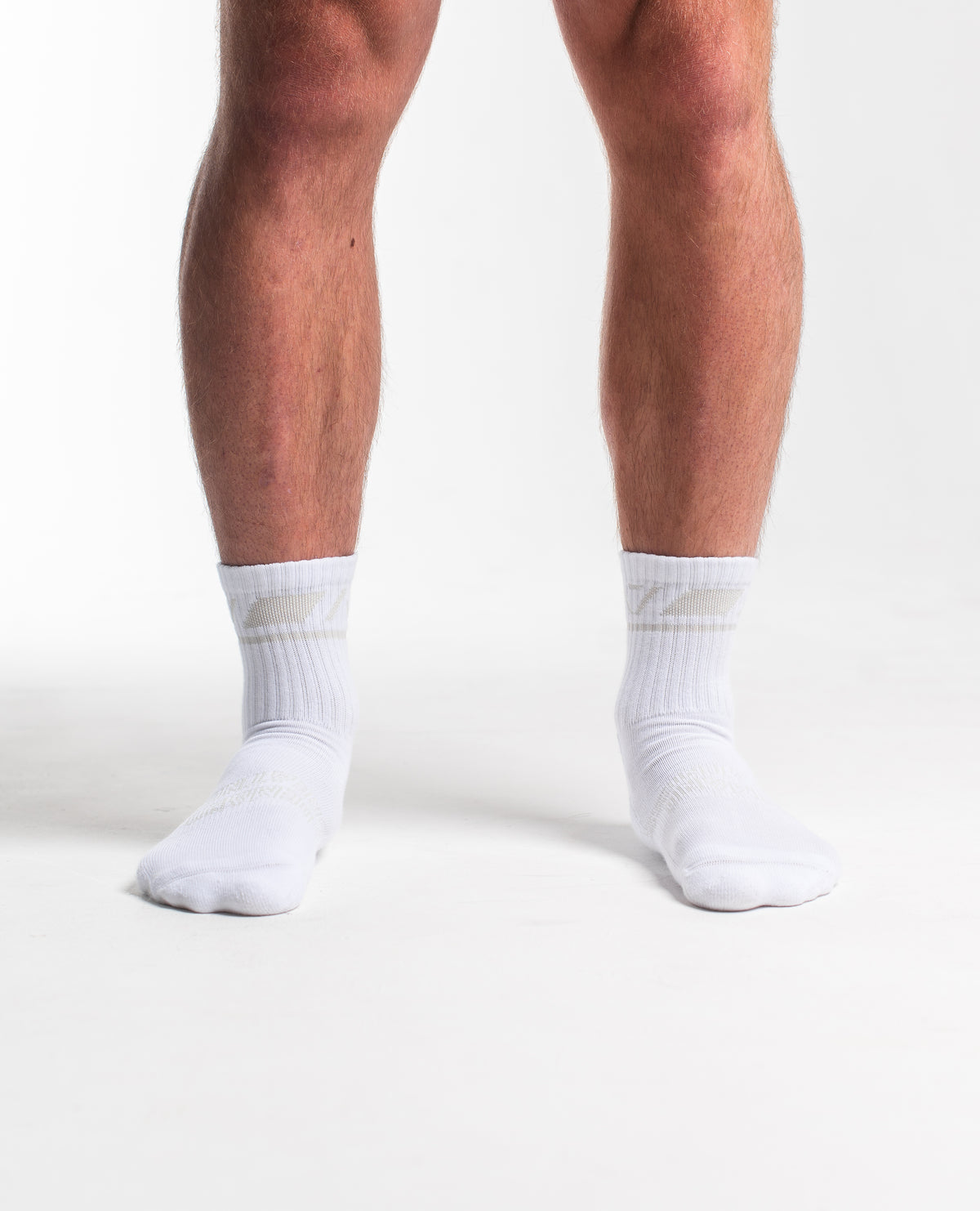 Front view of A7 Crew Socks in Polar, showcasing mid-shin length and ribbed cuff design.
