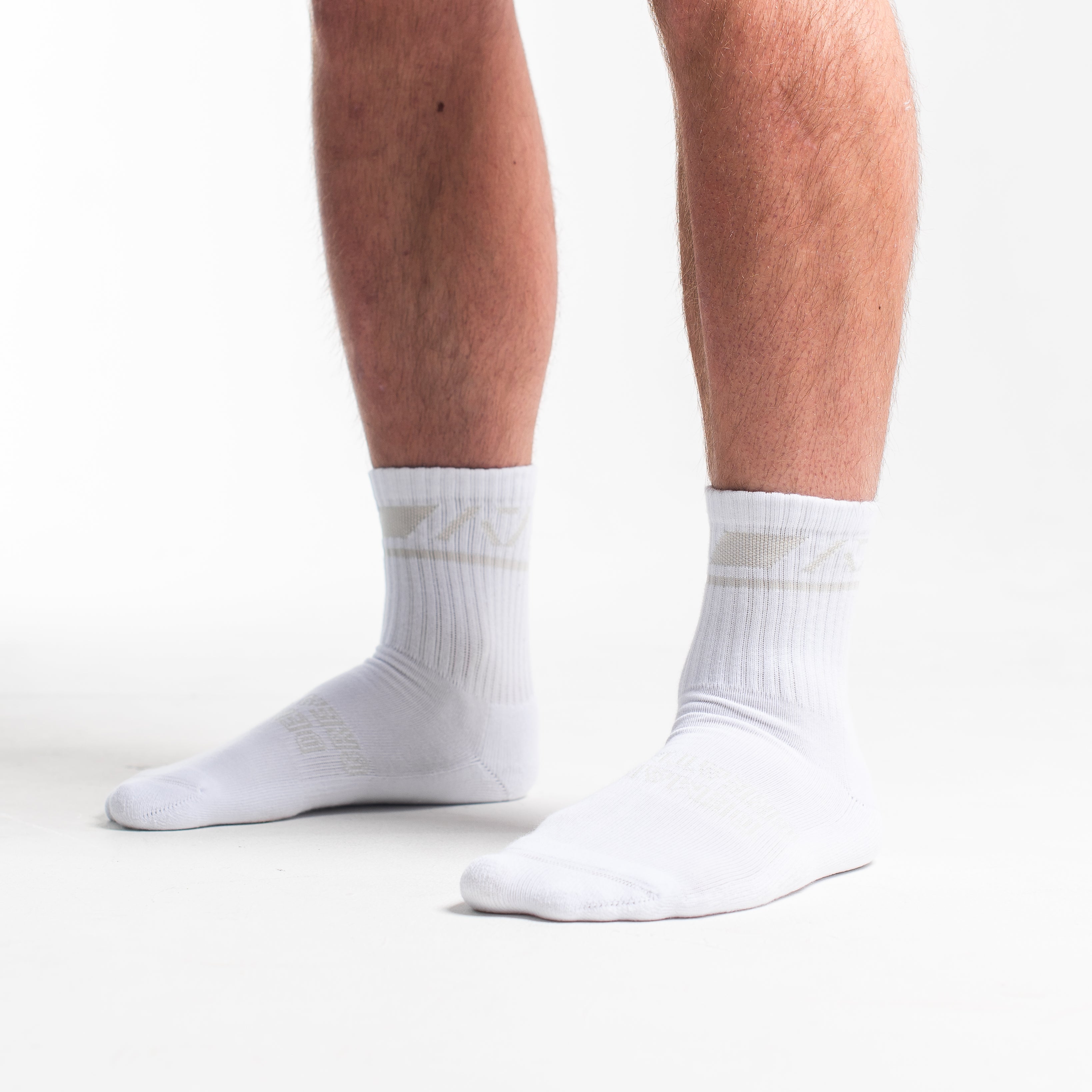 Side profile of A7 Crew Socks in Polar, highlighting the A7 logo on the ankle and compression-style top.