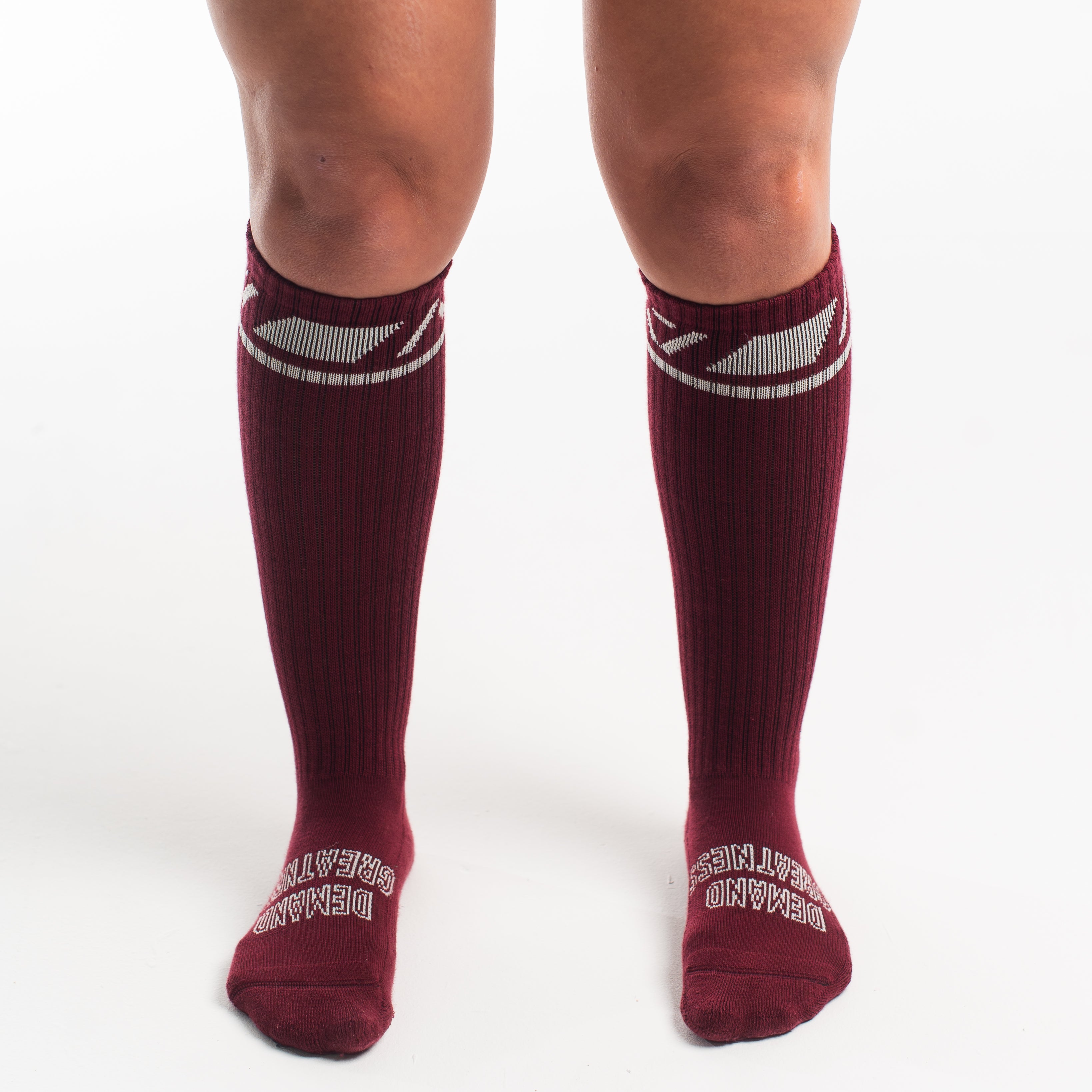 Front view of A7 Deadlift Socks in Ivory Rose, showcasing mid-shin length and ribbed cuff design.