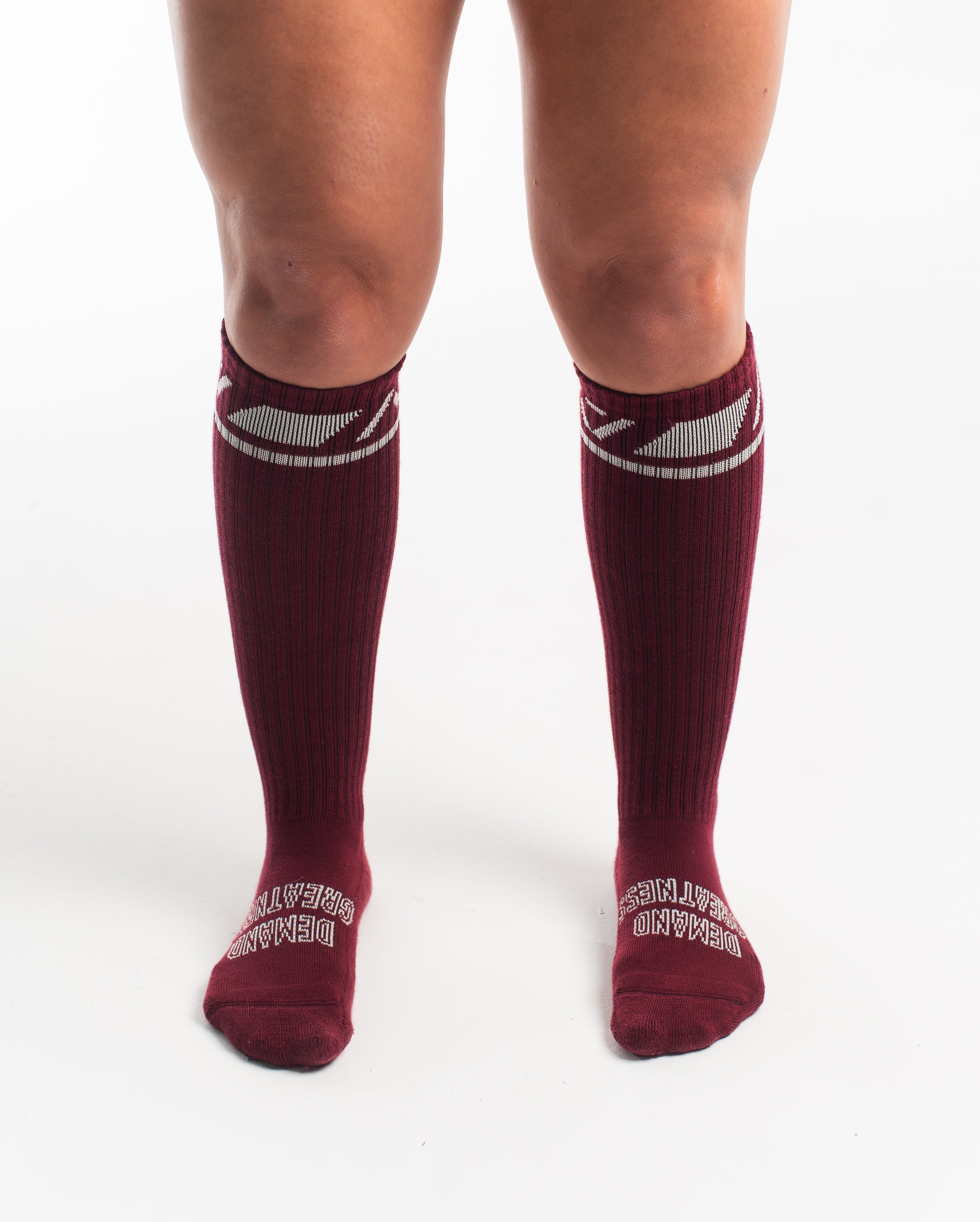 Front view of A7 Deadlift Socks in Ivory Rose, showcasing mid-shin length and ribbed cuff design.