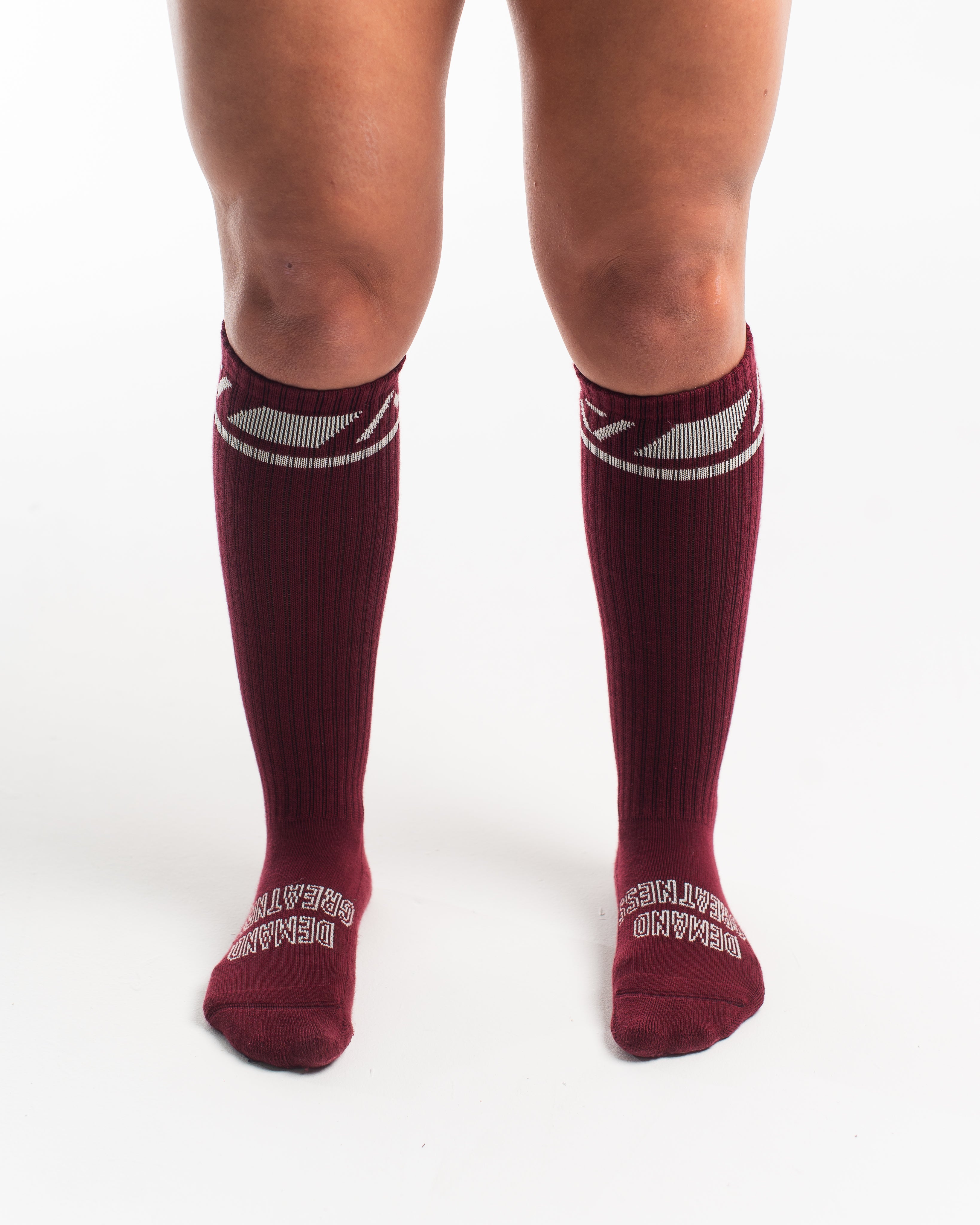 Front view of A7 Deadlift Socks in Ivory Rose, showcasing mid-shin length and ribbed cuff design.