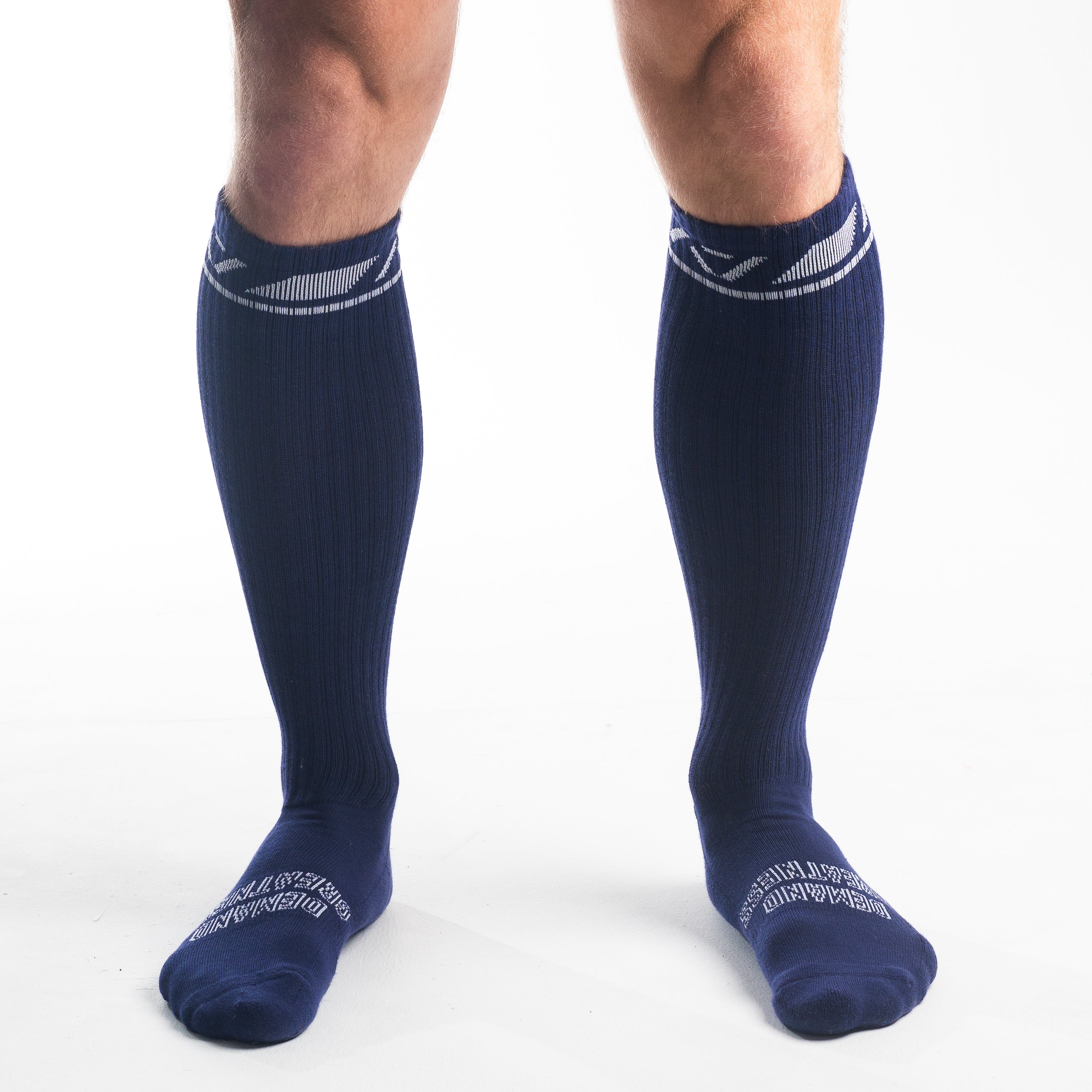 Front view of A7 Deadlift Socks in Night Light, showcasing mid-shin length and ribbed cuff design.