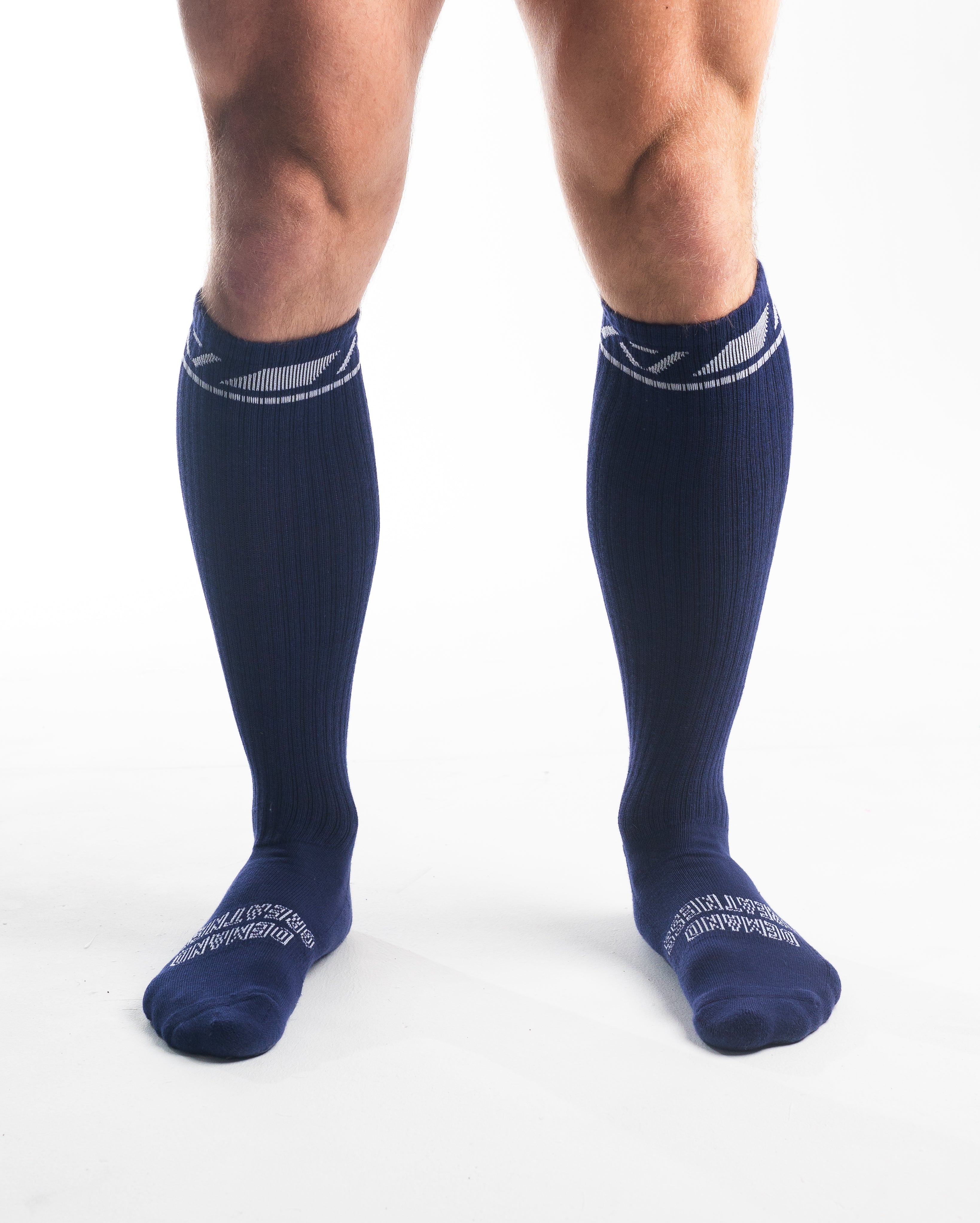 Front view of A7 Deadlift Socks in Night Light, showcasing mid-shin length and ribbed cuff design.