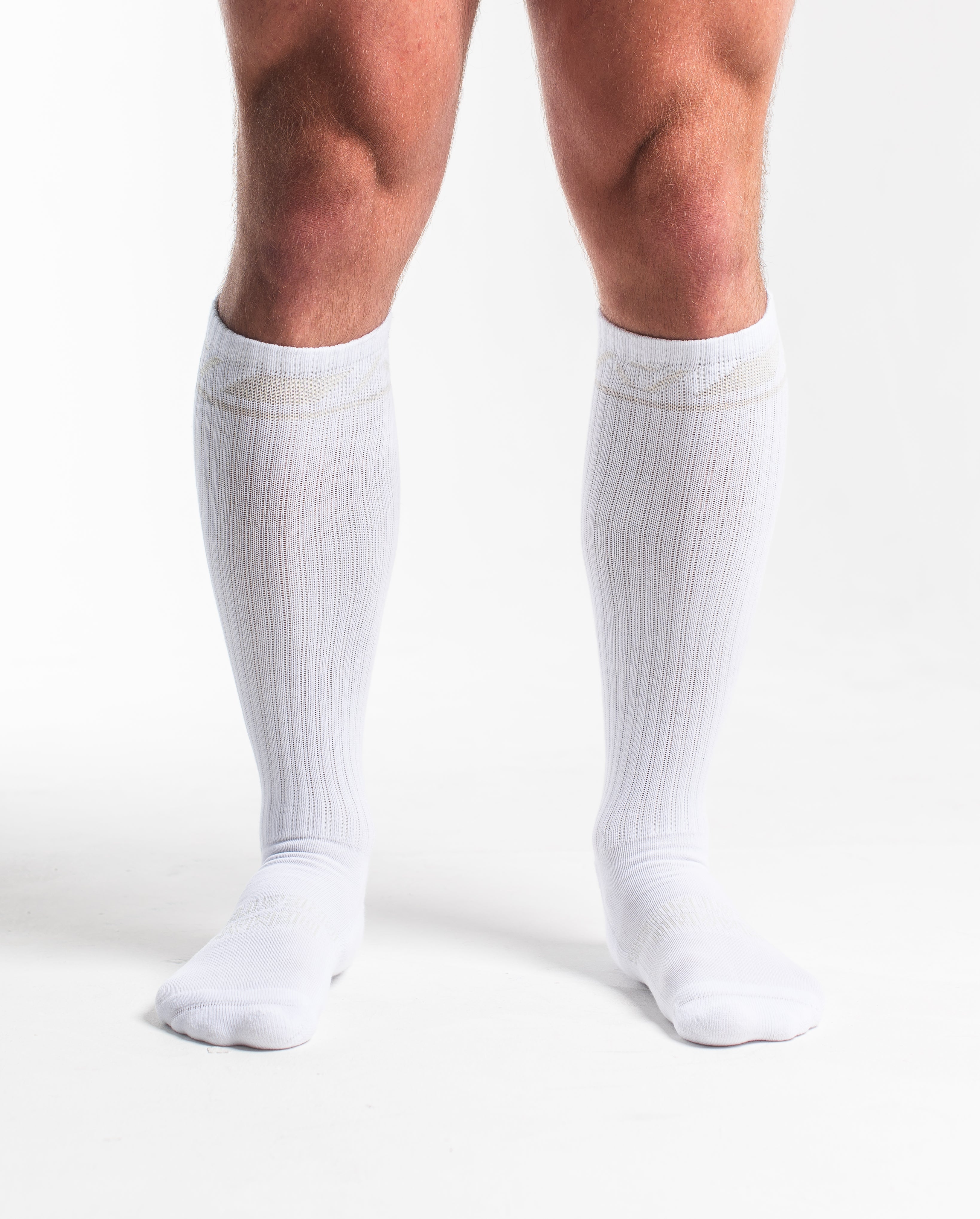 Front view of A7 Deadlift Socks in Polar, showcasing knee-high length and ribbed cuff design.