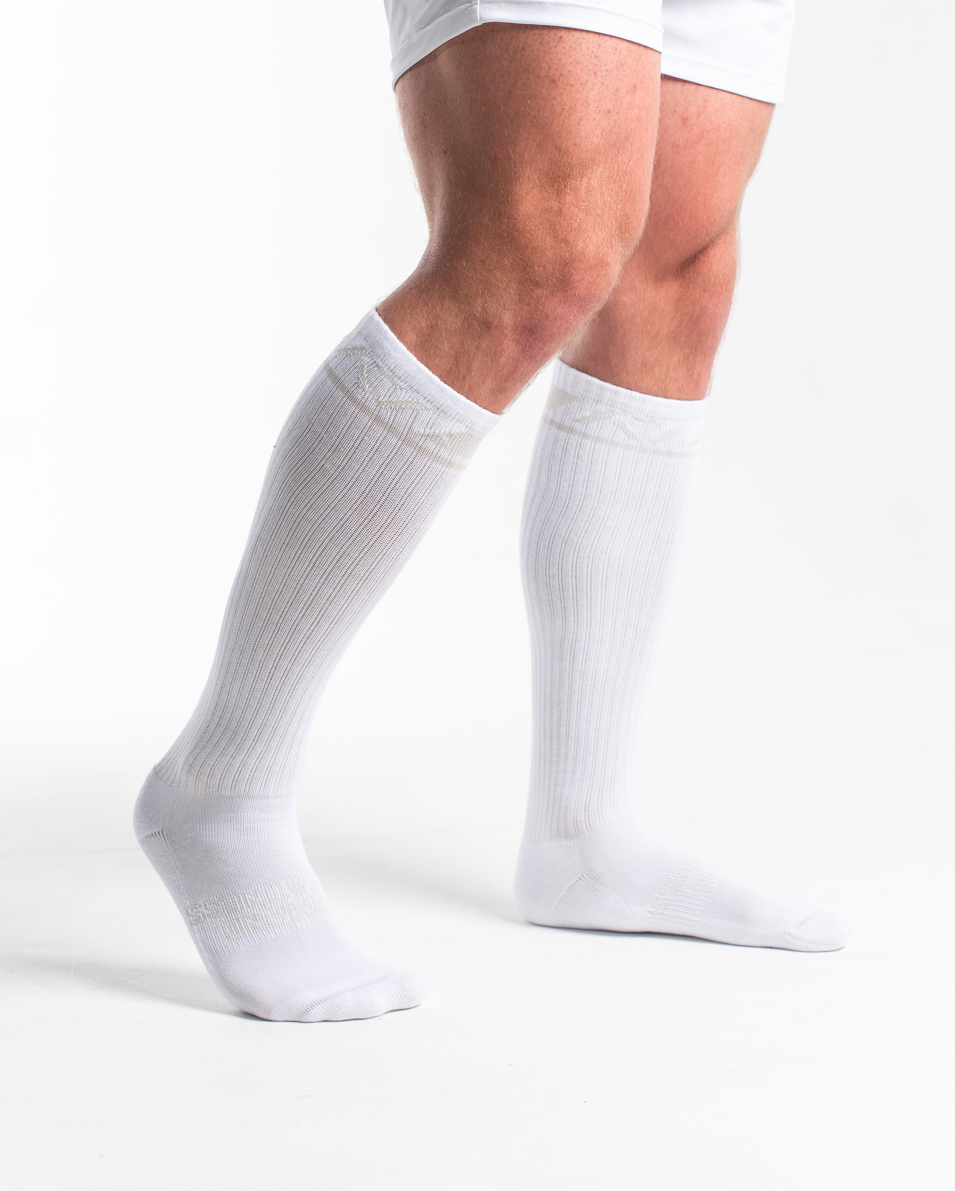 Side profile of A7 Deadlift Socks in Polar, highlighting the A7 logo on the ankle and compression-style top.