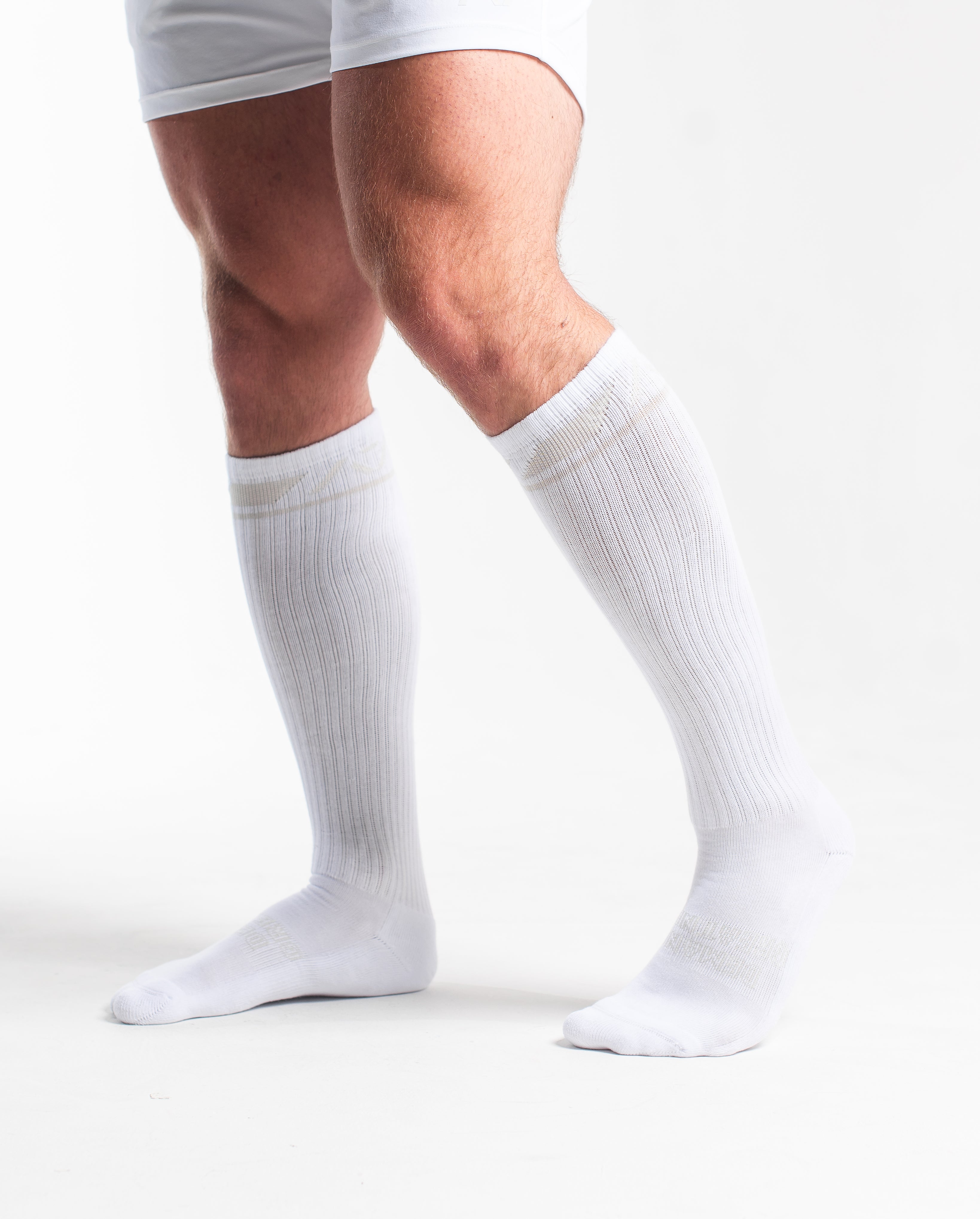 Side profile of A7 Deadlift Socks in Polar, highlighting the A7 logo on the ankle and compression-style top.