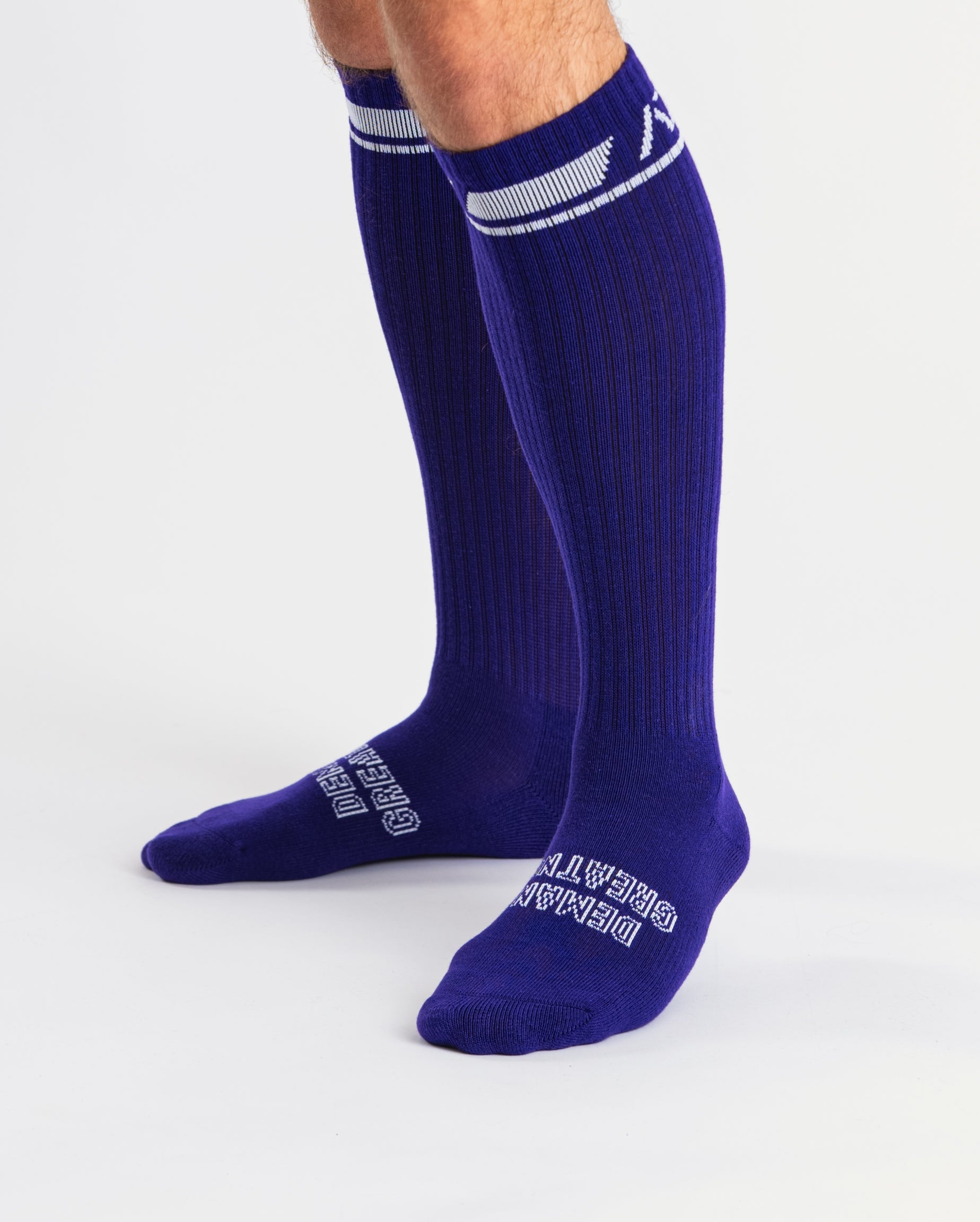 Close-up of knit texture on the purple deadlift socks, highlighting stitch detail and durable fabric.