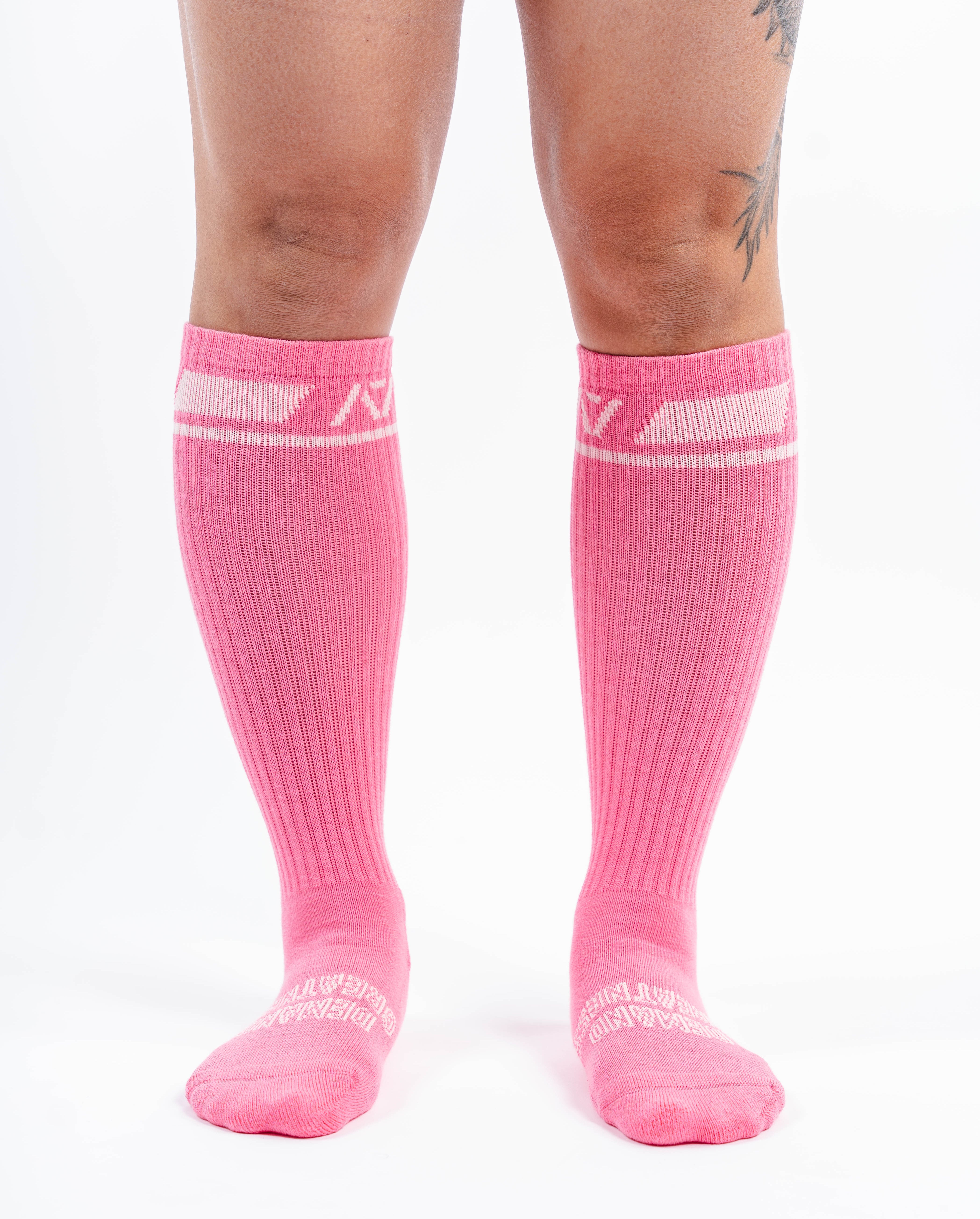 Front view of A7 Deadlift Socks – Roseite showing mid-shin length and ribbed cuff.