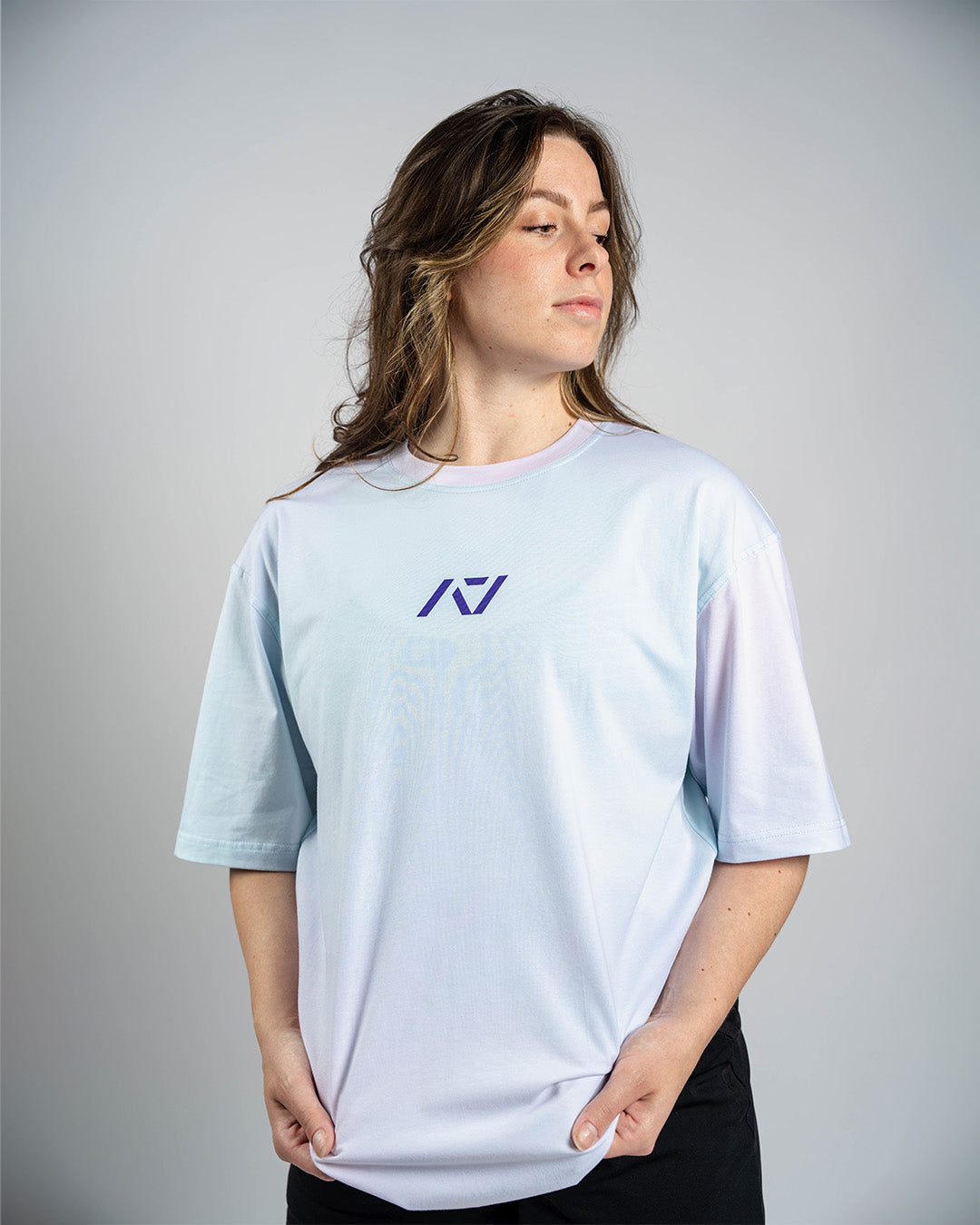 Front view of A7 Affirmation Over-Fit Shirt in Pastel featuring relaxed unisex cut and tonal logo print.