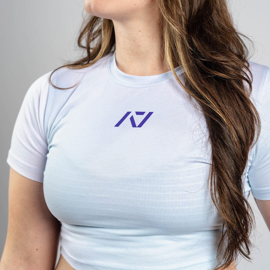 Close-up of fabric texture and stitching on the A7 Affirmation True-Fit Women's Crop – Pastel showing quality construction.