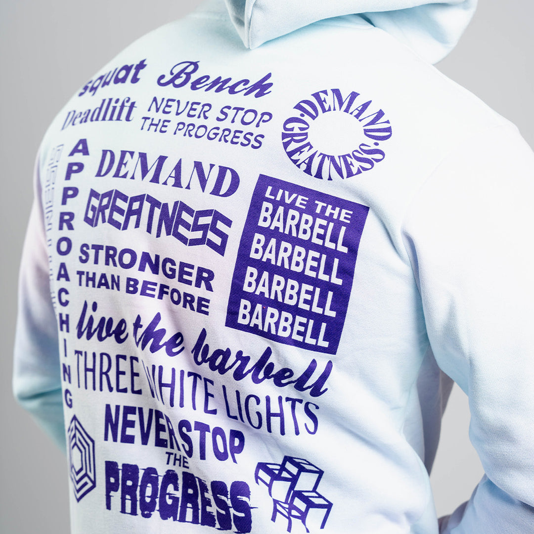 Back view of A7 Affirmation Zip Hoodie – Pastel showcasing motivational mantras in contrasting text on pastel fabric.