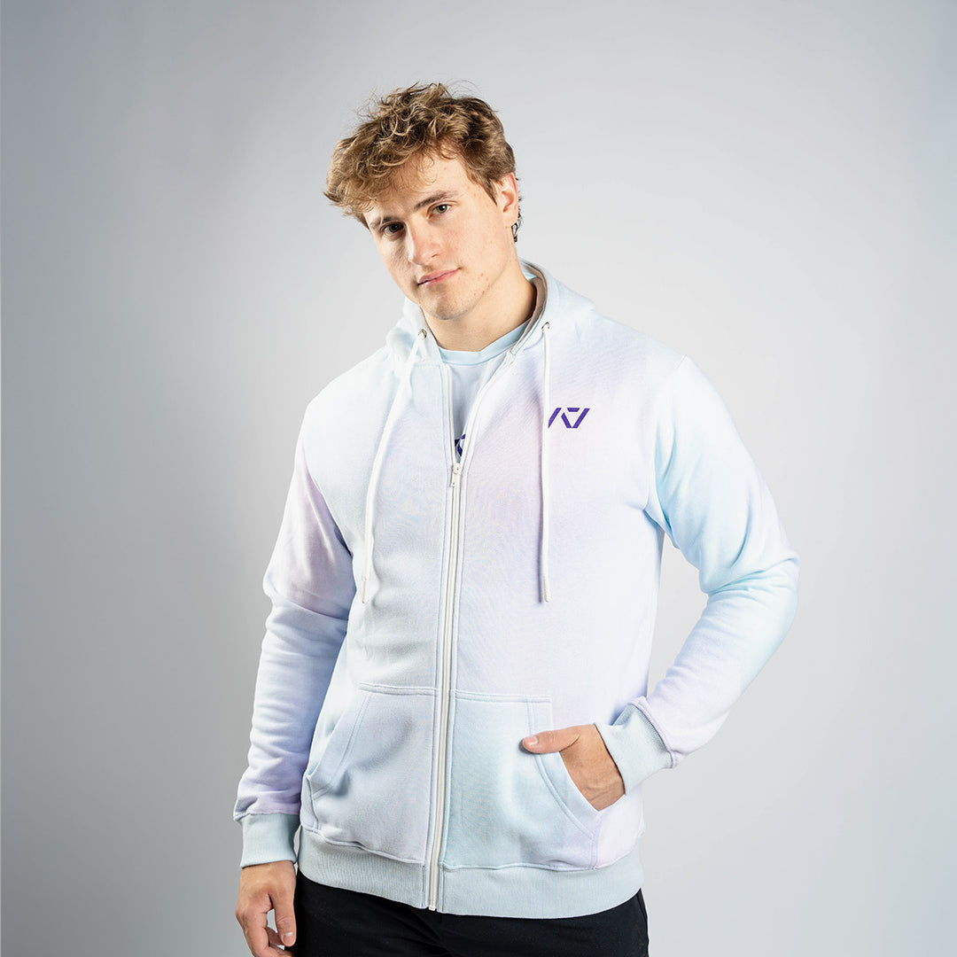 Front view of A7 Affirmation Zip Hoodie – Pastel featuring soft pastel hue and A7 logo on the left chest.