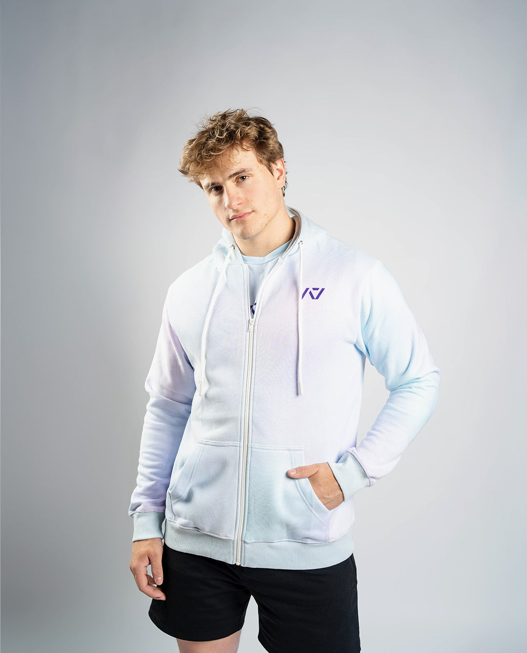 Front view of A7 Affirmation Zip Hoodie – Pastel featuring soft pastel hue and A7 logo on the left chest.