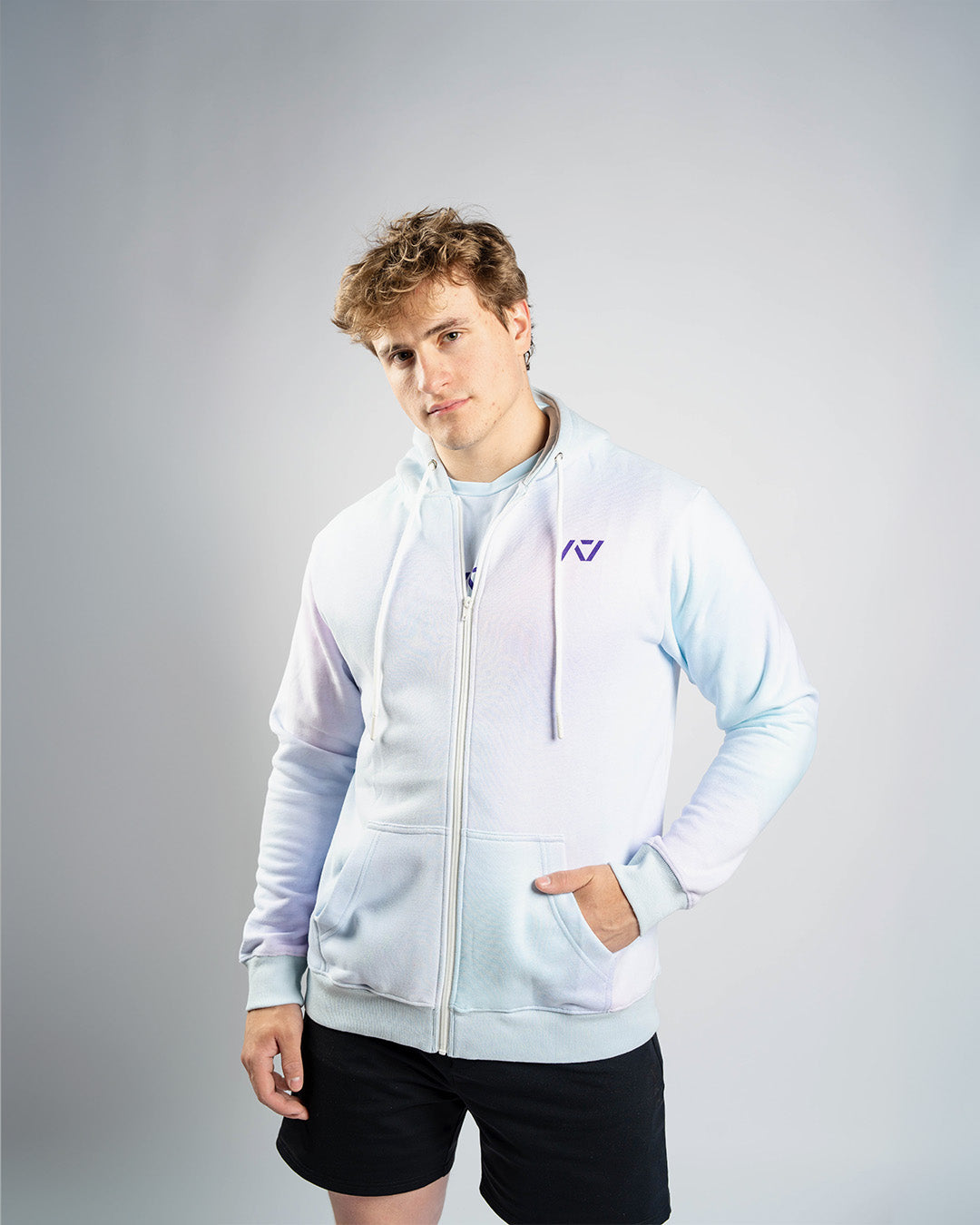 Front view of A7 Affirmation Zip Hoodie – Pastel featuring soft pastel hue and A7 logo on the left chest.