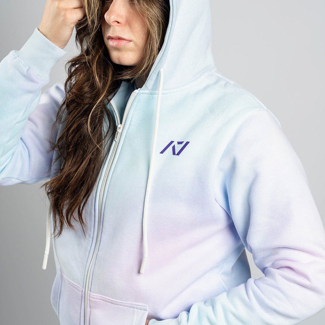 Front view of A7 Affirmation Zip Hoodie – Pastel featuring soft pastel hue and A7 logo on the left chest.