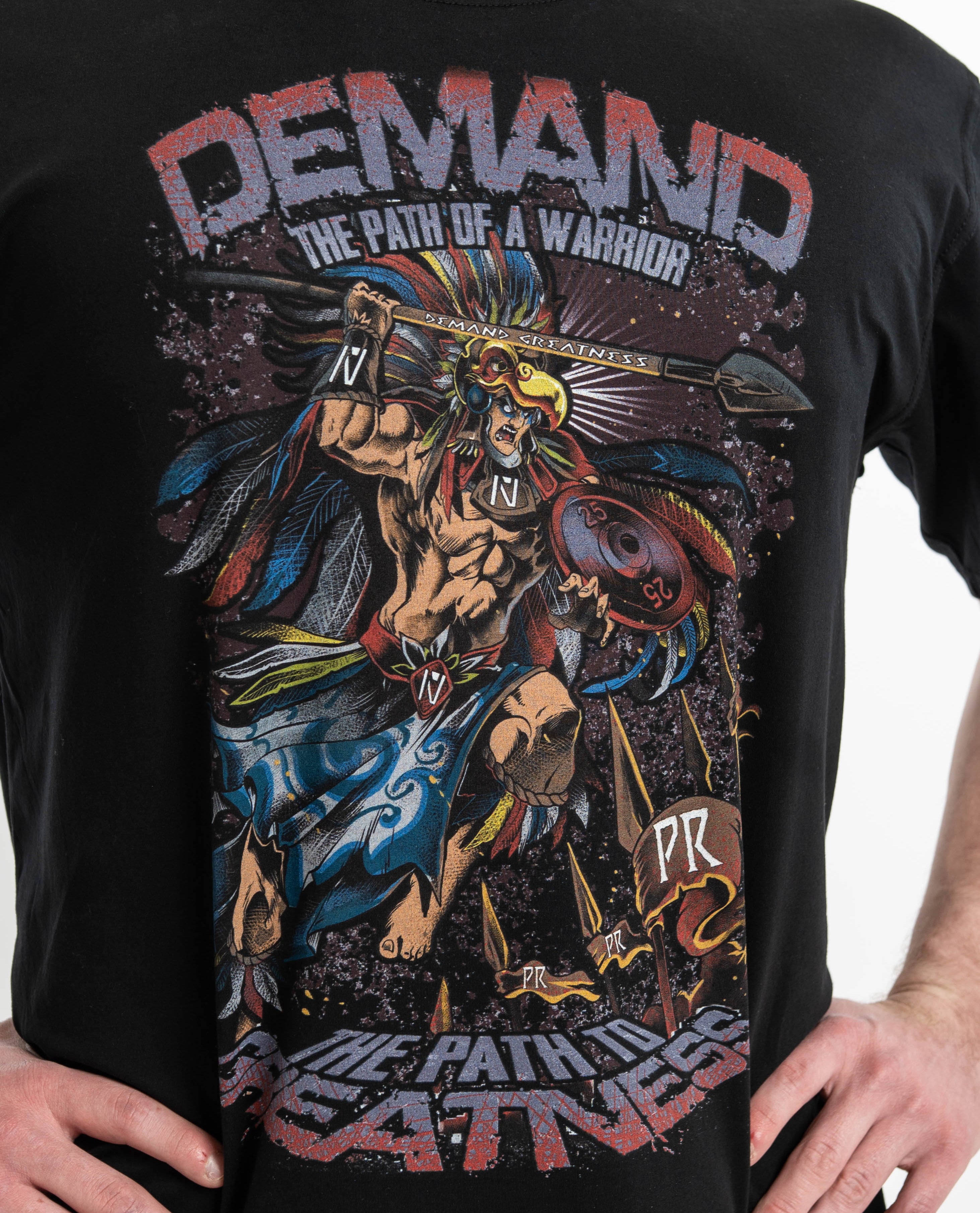 Close-up of the Aztec warrior design on the shirt, focusing on the eagle headdress and etched spear.