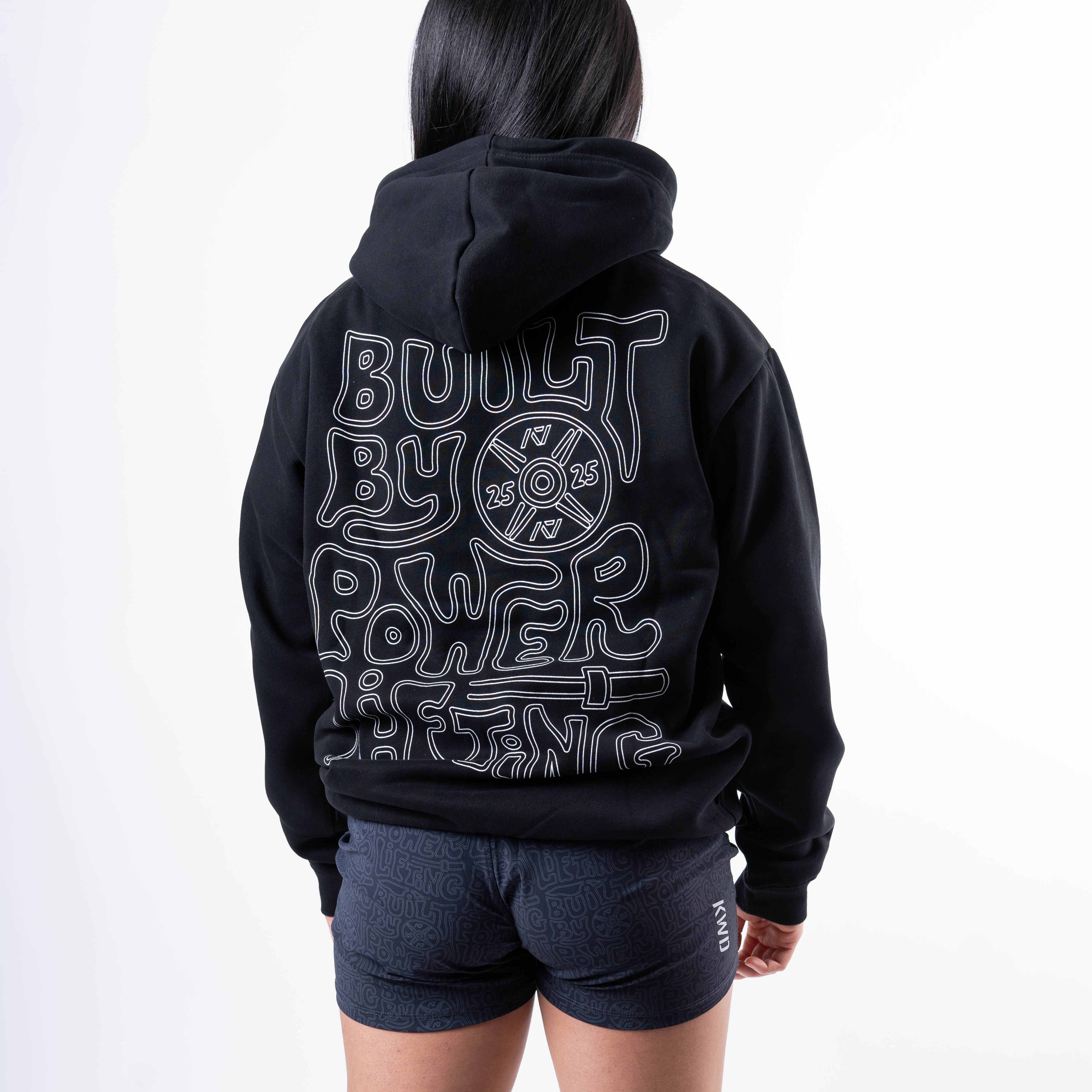 Back view of A7 Built By Hoodie in black, showcasing "Built By Powerlifting" design.