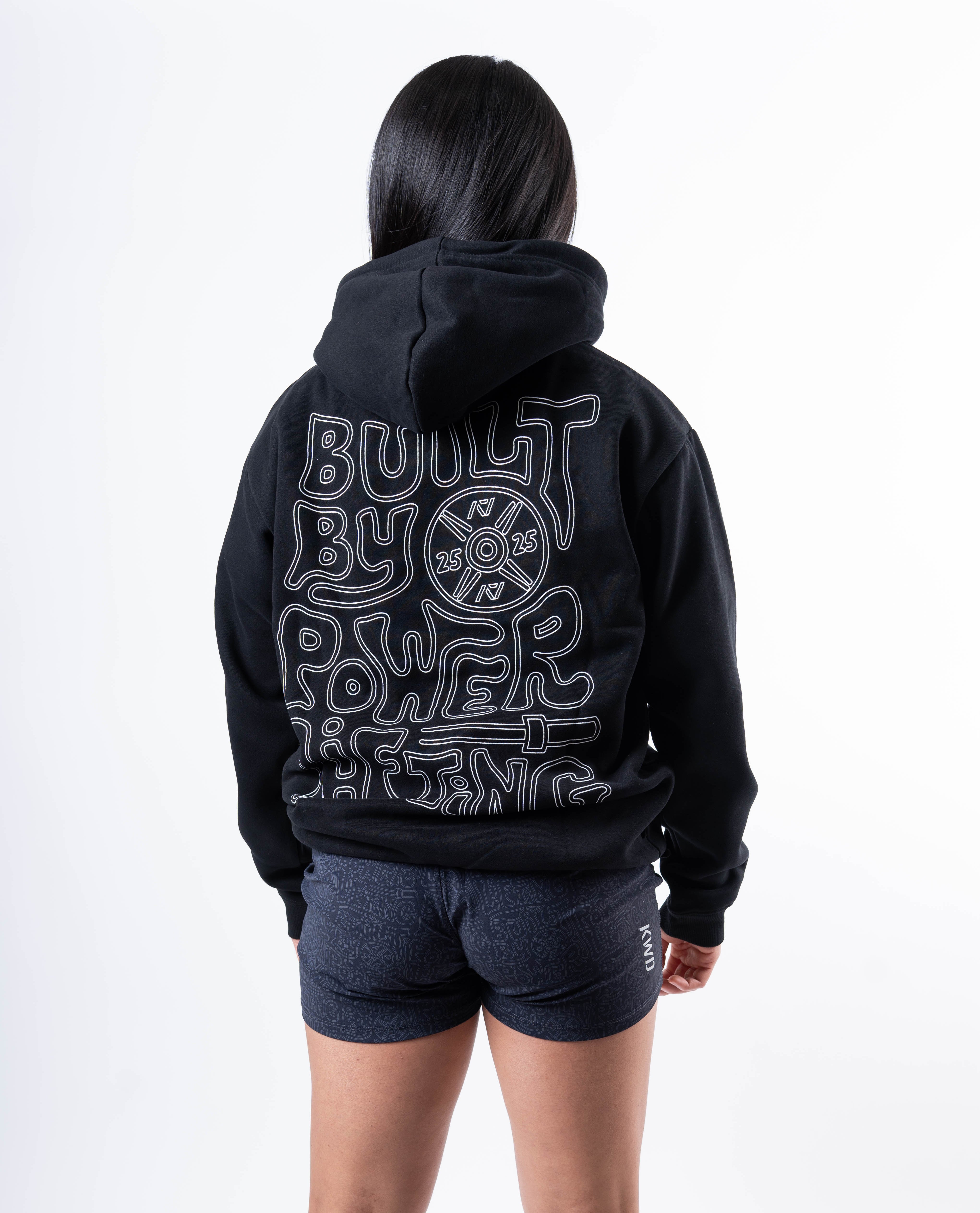 Back view of A7 Built By Hoodie in black, showcasing "Built By Powerlifting" design.