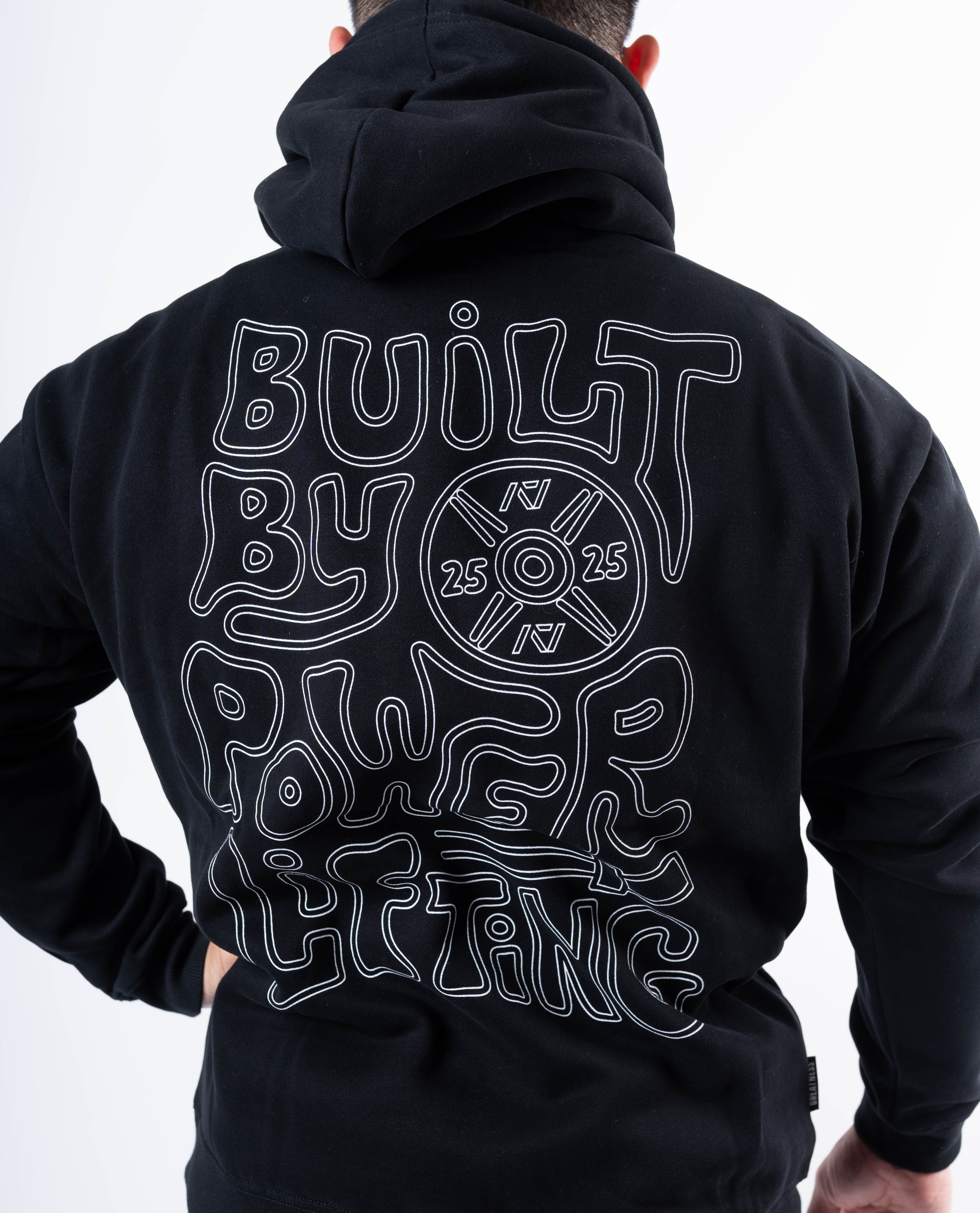 Back view of A7 Built By Hoodie in black, showcasing "Built By Powerlifting" design.