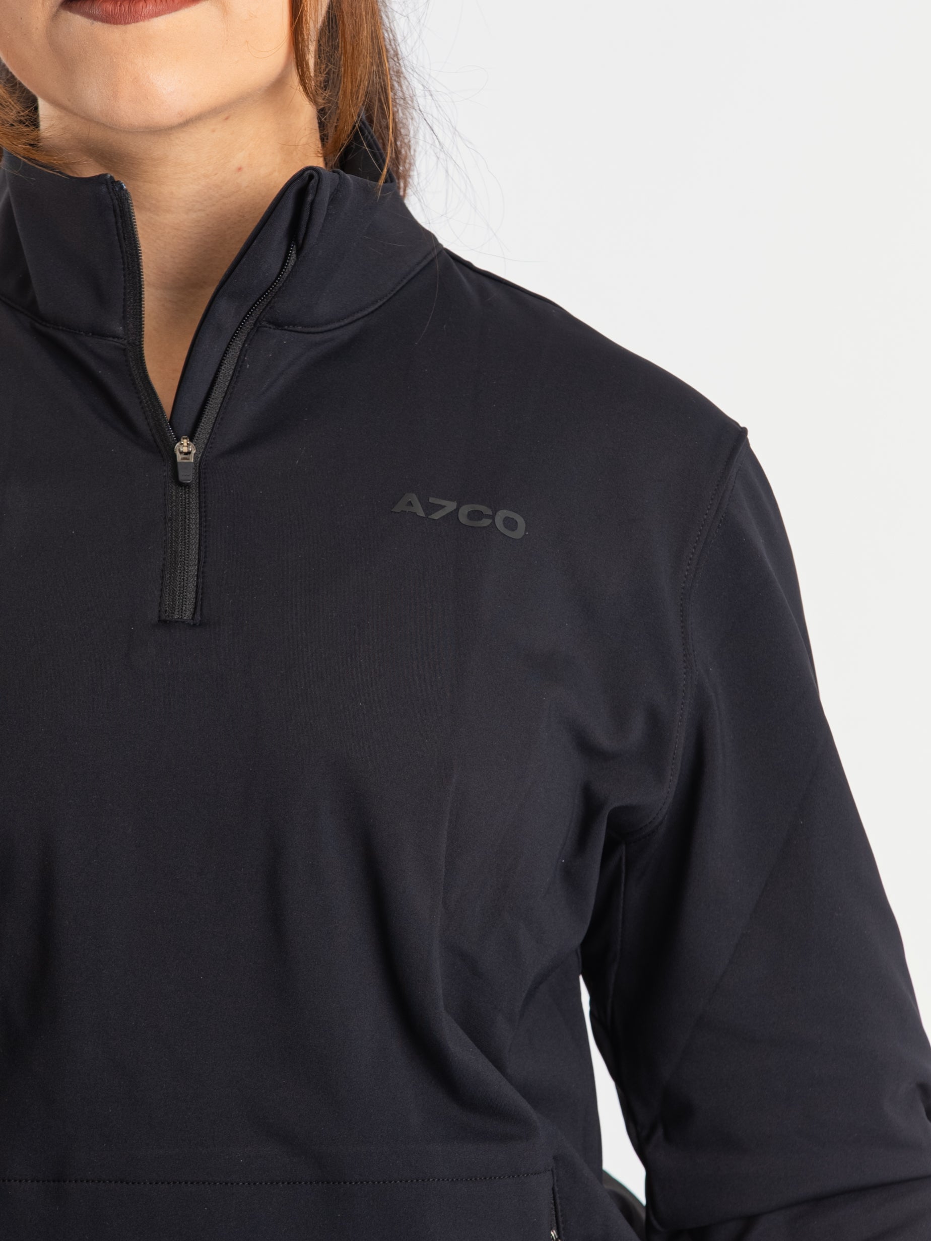 Close-up of the soft 4-way-stretch fabric of the A7 Cobra Quarter Zip Jacket in Stealth, emphasizing comfort and flexibility